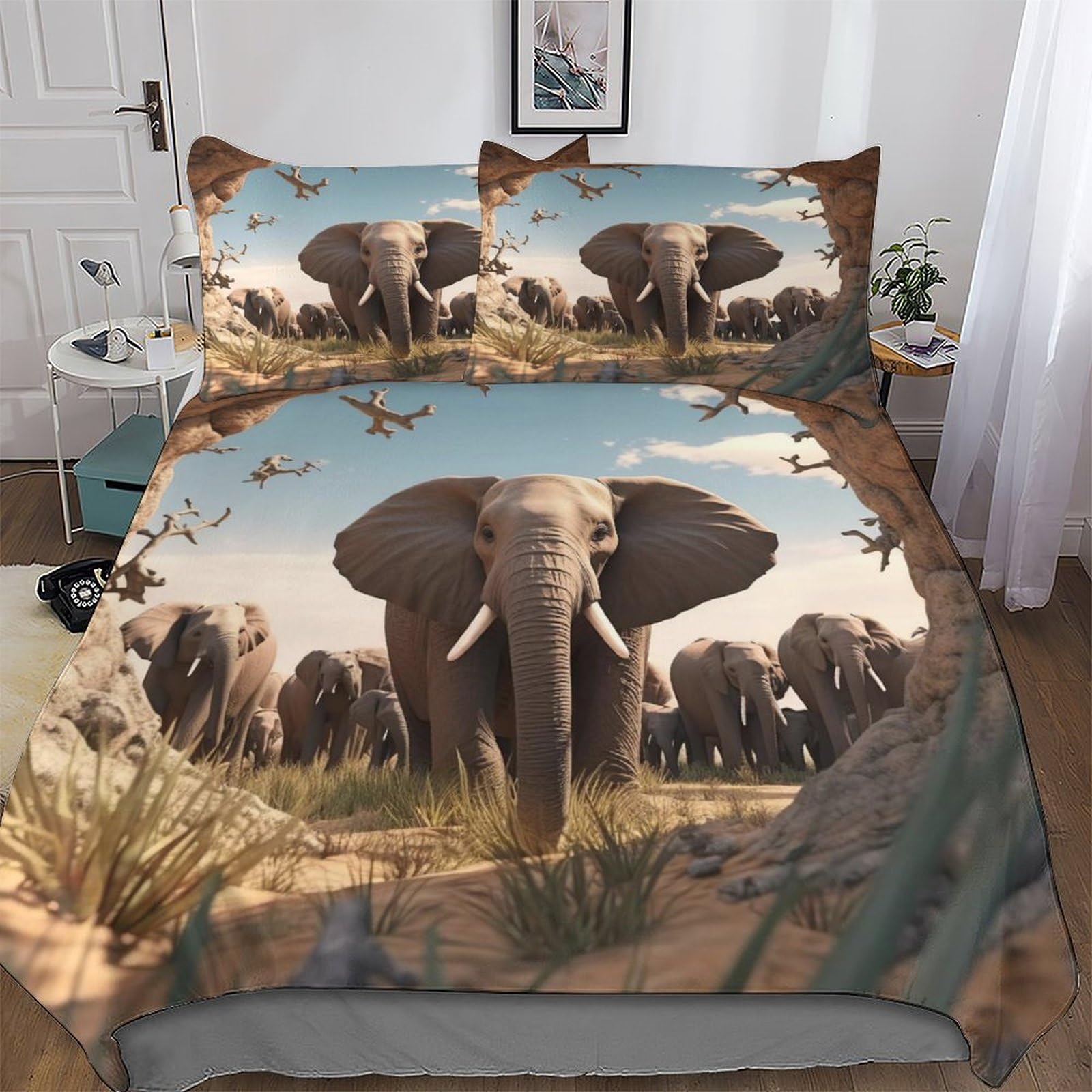 Parure de lit éléphant 3D hypoallergénique avec taie d'oreiller à zip
