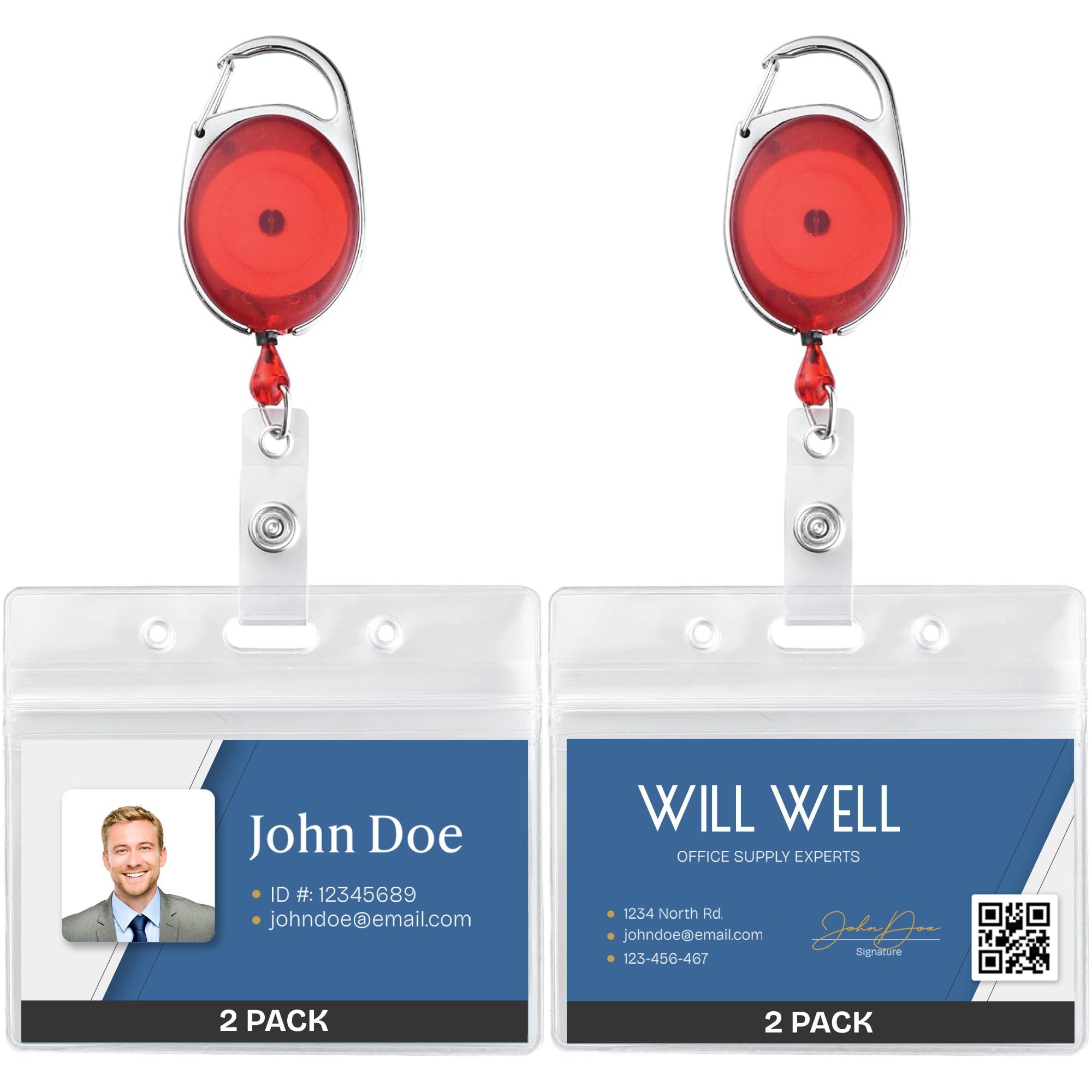 Will Well ID Badge Holders with Clip and Keyring - Horizontal Clear Plastic 3.7" x 2.5" Sleeves Fit Up to 3 Cards - Retractable 24" UHMWPE Fiber Pull