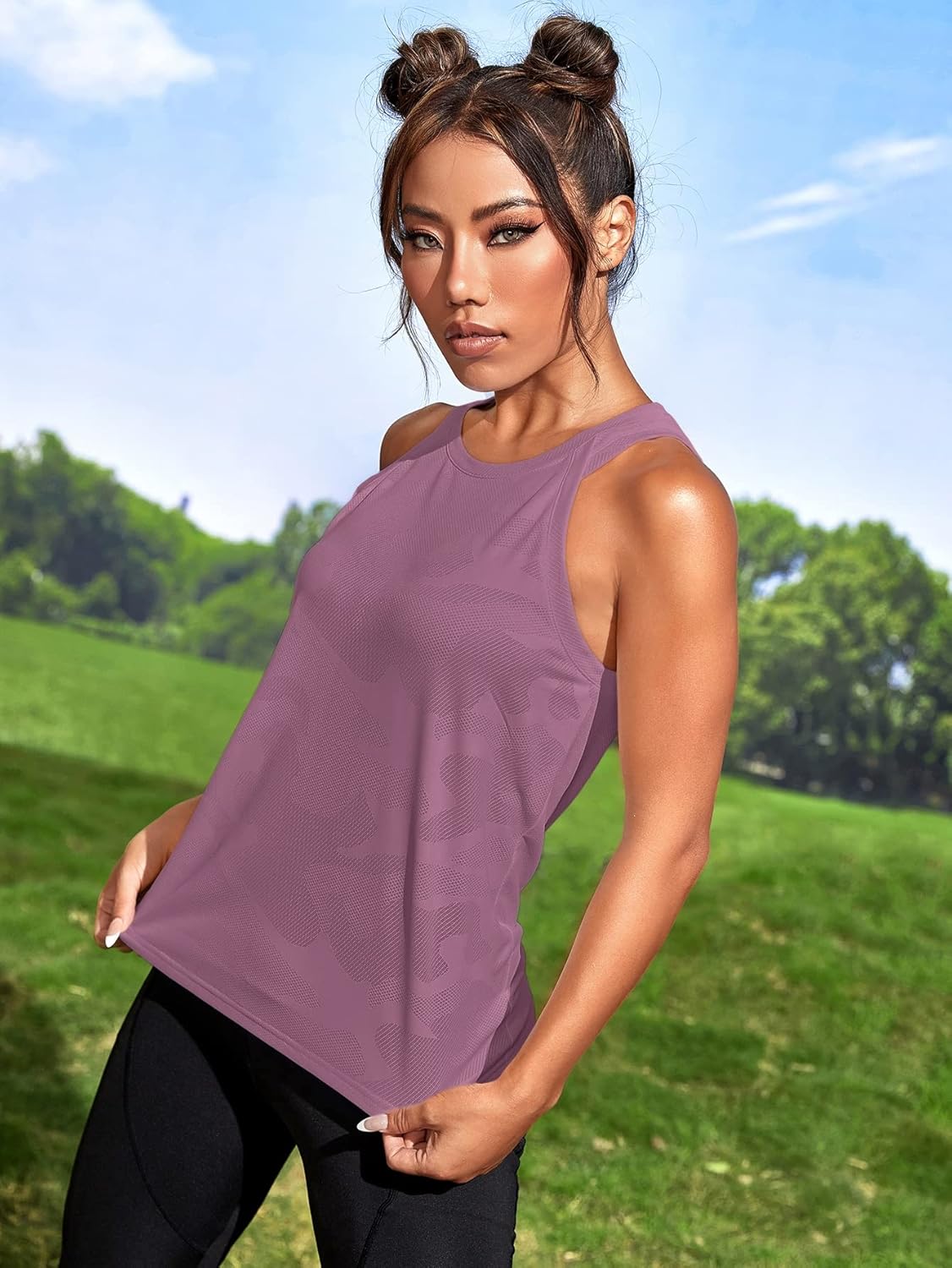 OYOANGLE Women's Camo Print Sleeveless Workout Shirts Exercise Running Tank Tops Active Gym Yoga Tank Top - Image 3