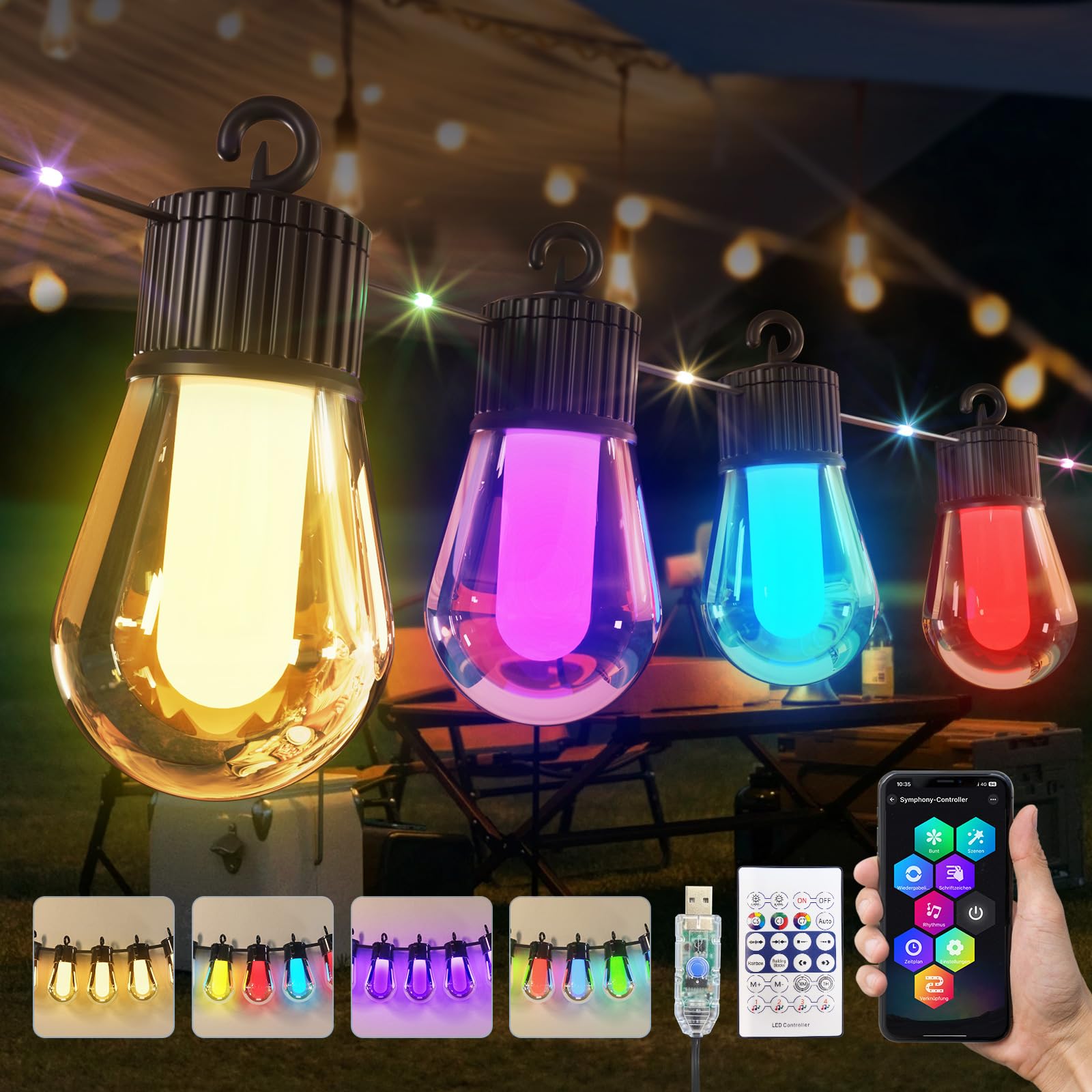 15M LED luces de hadas al aire libre de energía 20 RGB S14 bombilla, aplicación inteligente con 99 + modos y temporizador, para fiesta, boda, jardín, balcón （USB）