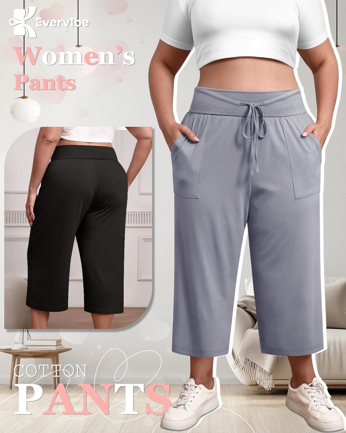 3 Pack Women's Plus Size Capri Pants, Drawstring Capris Sweatpants Casual Summer Cropped Pants with Pockets - Image 3