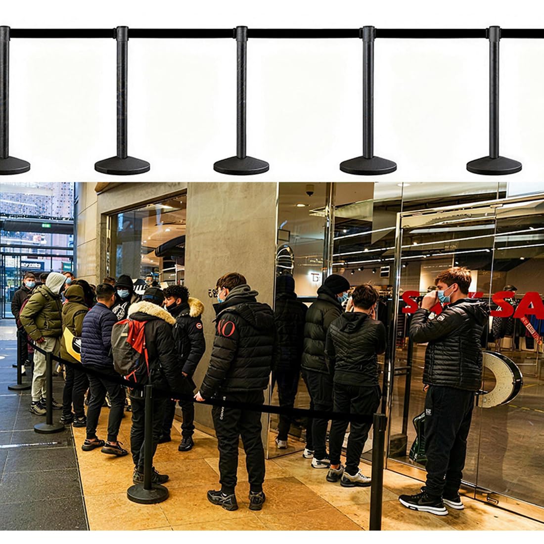 Soporte de control de multitudes, juego con cinturón retráctil negro de 2 m, barrera de control de multitudes duradera con soporte pintado de acero al carbono, divisor de línea de barreras de cuerda
