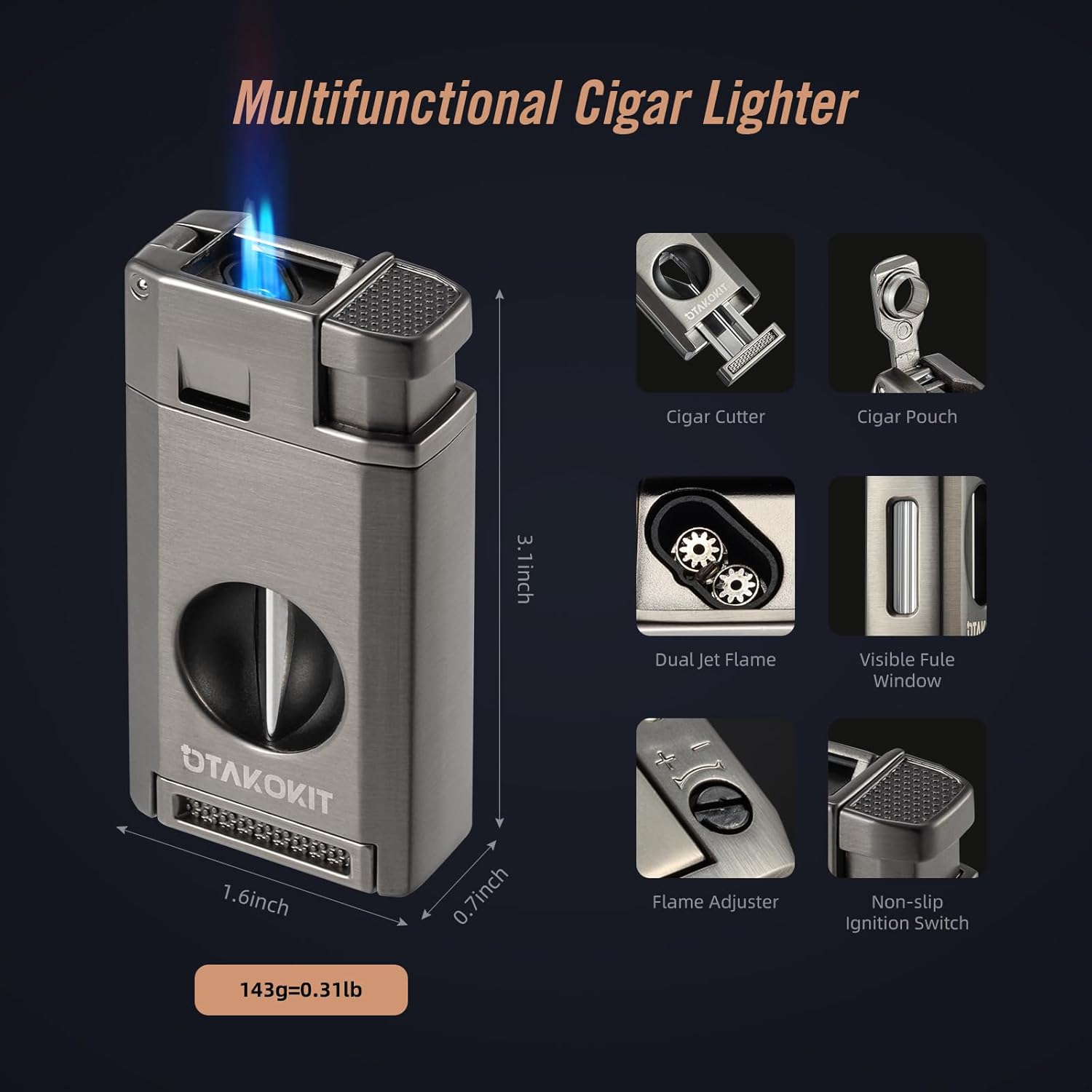 Portable Cigar Humidor, Leather Cedar Wood Cigar Case with Cigar Lighter, V Cut Cigar Cutter, Cigar Punch 3 in 1, Travel Cigar Humidor Box 8 Cigars with Humidifier, Black