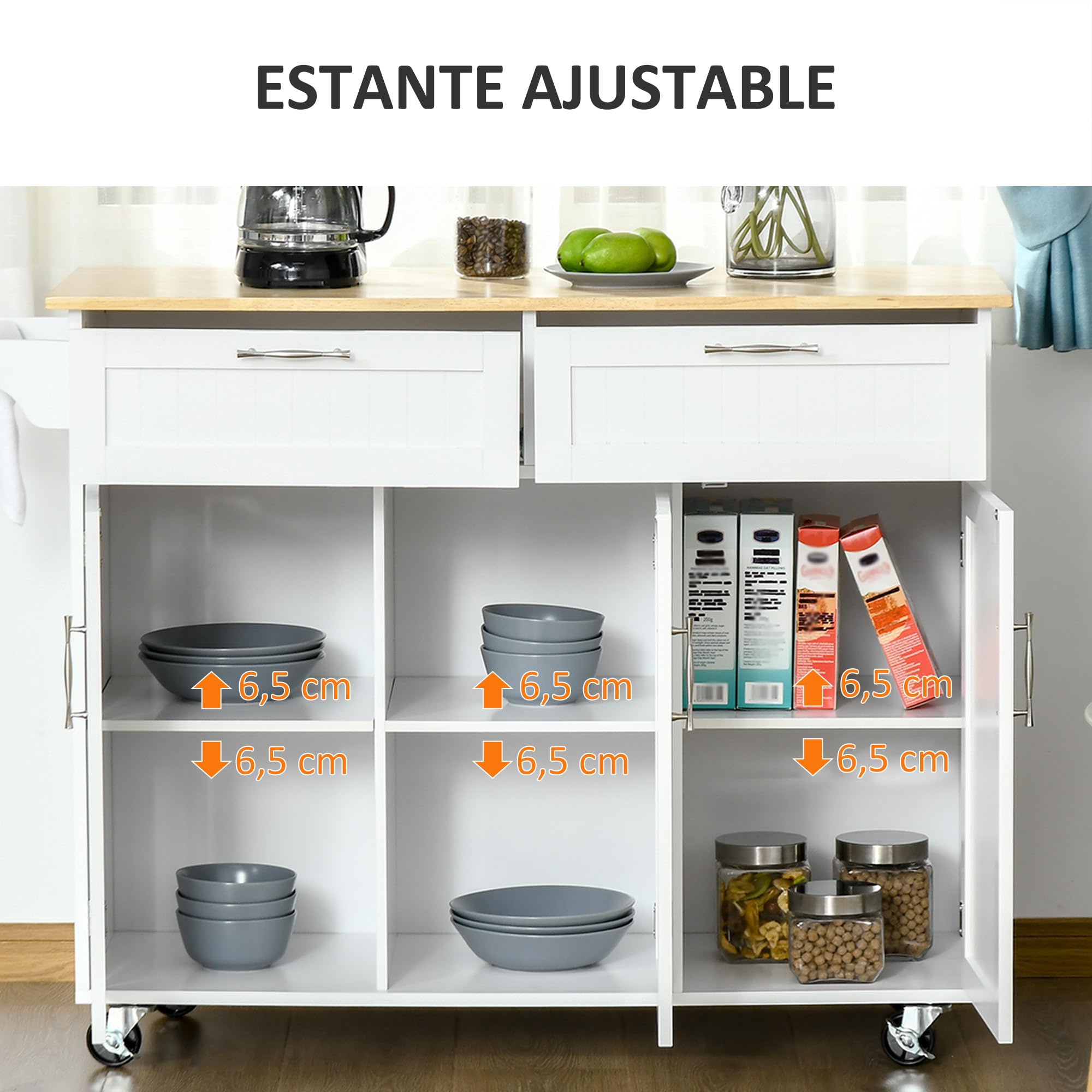 HOMCOM Isla de Cocina con Ruedas Carro de Cocina Mueble Auxiliar de Cocina con 2 Cajones 3 Puertas y Barra Lateral para Comedor 121x46x91 cm Roble y Blanco