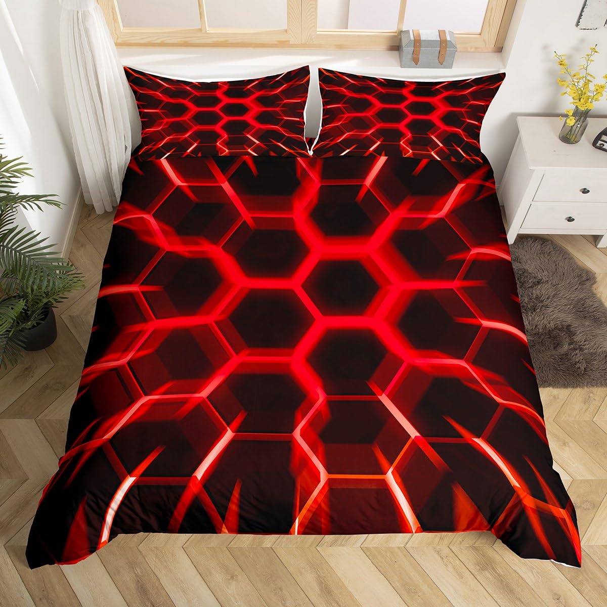 Housse de Couette Hexagonale Double Anti-Poussière Lit Enfant Motif Ruche 3D