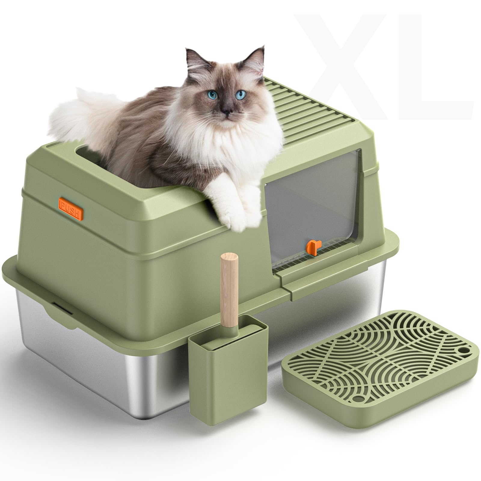 Stainless Steel Cat Litter Box with Scoop, Metal Litter Box High Sided, Cat Litter Box Enclosure, XL Extra Large High-Sided Litter Boxs (Anti-Urine Leakage, Include Scoop) (Green)