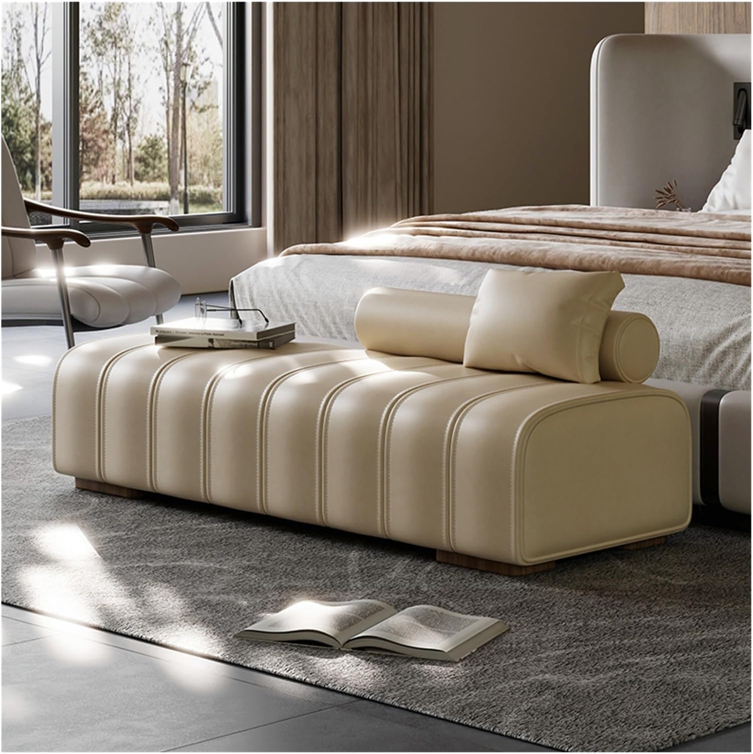 Storage Bench Faux Leather Upholstered End of Bed Bench Modern Long Bench,Rectangular Accent Bench for Living Room Entryway Bedroom End of Bed Bench (Color : Orange, Size : 150 * 45 * 43cm)