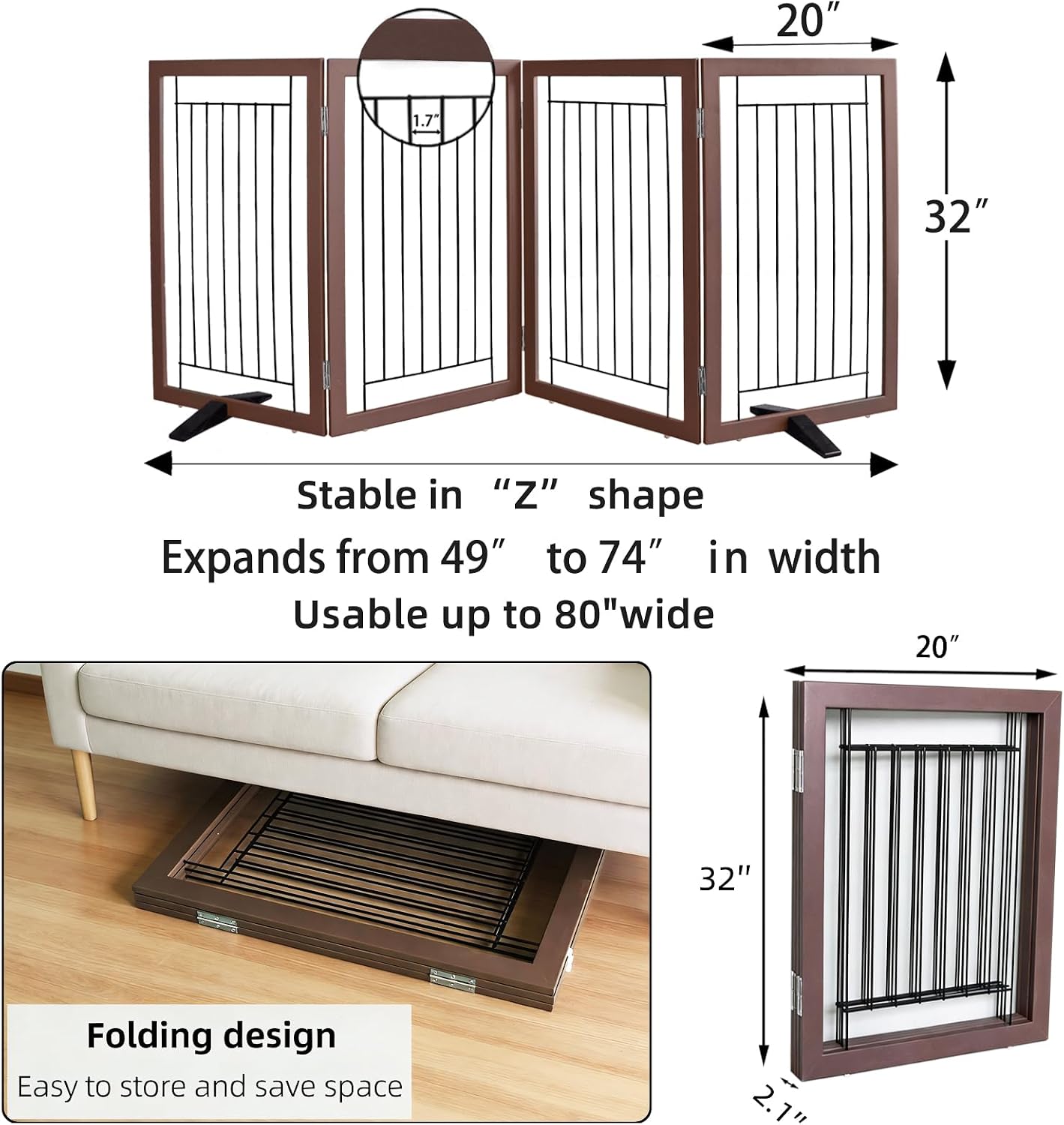 Dog Fence Indoor - 4-Panel Freestanding Dog Gate for Doorways, Hallways, House or Stairs -80x32-Inch Retractable Foldable Expandable Wood Pet by SFJC (Brown)