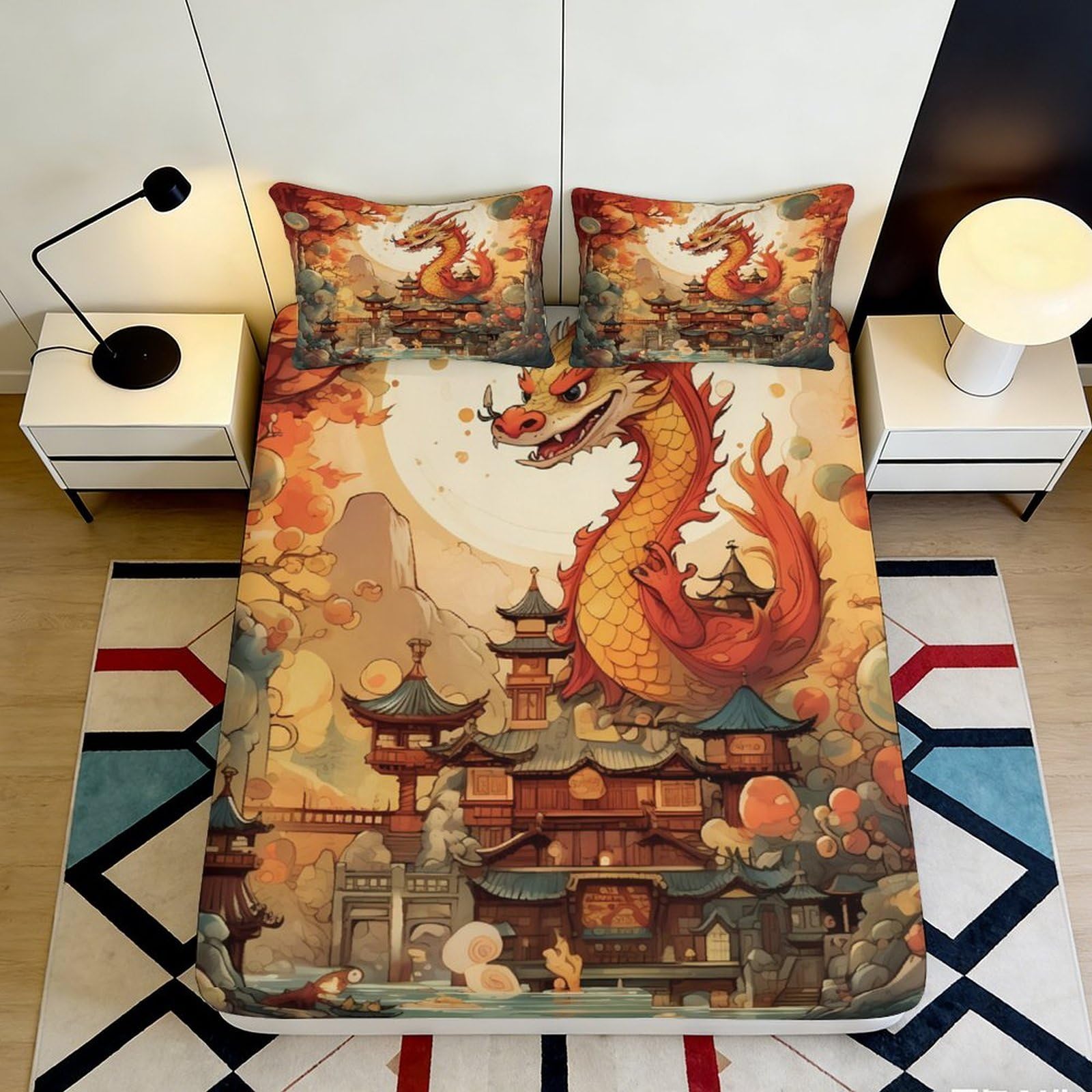 Pnayamiorkfel Style-1 3D Printed Chinese Dragon Fitted Sheet Microfiber Soft Bedroom Decor Ancient Pagoda Mattress Cover For Home Dorm 90X200x25cm