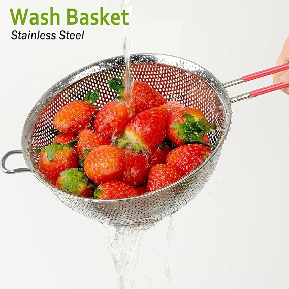 Stainless Steel Colander, Perforated Strainer with Long Handles, Silicone Grip, Metal Sieve Rice Washer Strainer Bowl for for Pasta, Rice, Fruits, Vegetables, Kitchen Essential Tool (16CM)