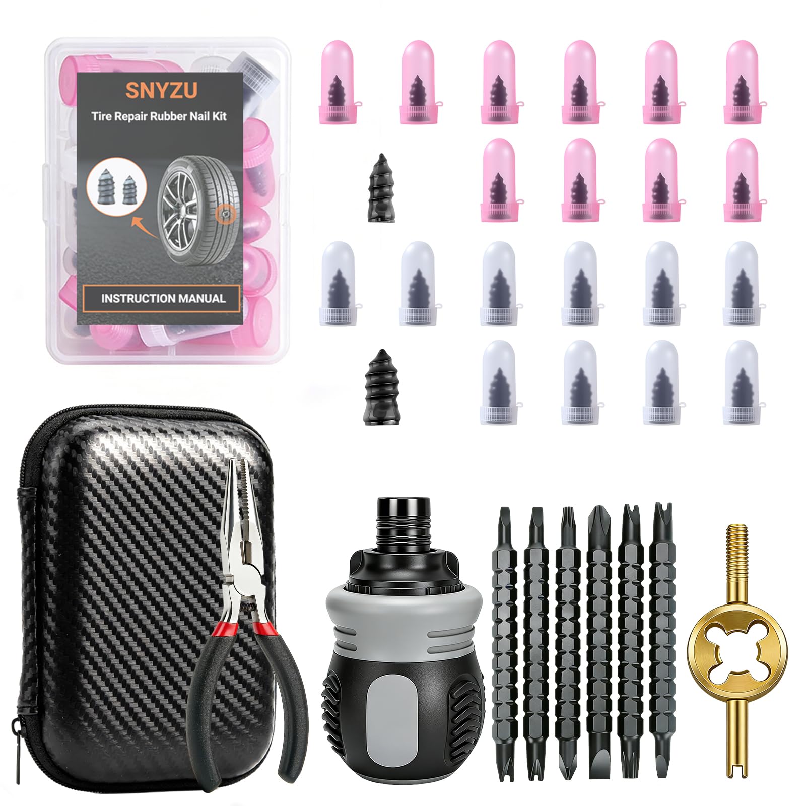 29PCS Tire Repair Rubber Nail Kit, Premium Spiral Screw-in Tire Plugs with 2 Sizes, Tire Repair Kit Emergency Roadside Flat Tire Fix Tool for Car Truck Motorcycle Tractor ATV SUV
