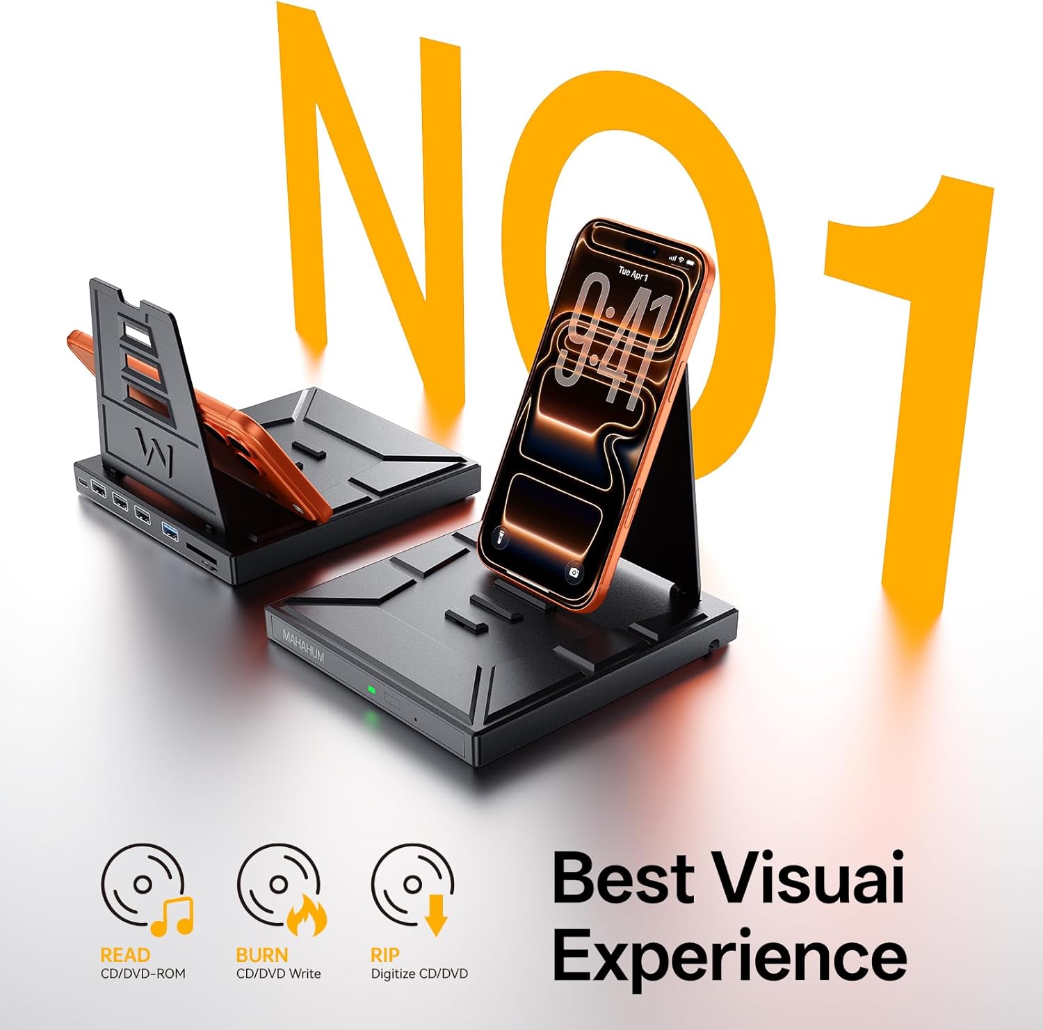 9-in-1 External CD/DVD Drive with Phone Holder, USB 3.0 & Type-C Portable DVD±RW/CD Burner, Plug and Play Optical Drive Compatible with Laptop PC, Desktop, Windows 11/10/8/7, Mac, Linux