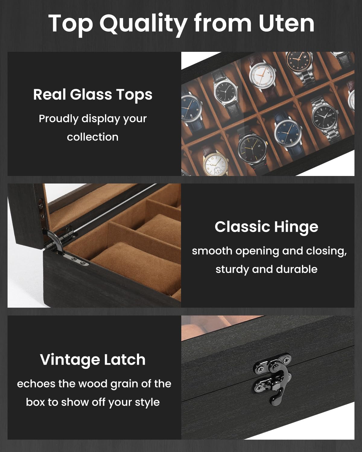 Uten Caja de Relojes con 12 Compartimentos, Caja para Reloje Madera, Tapa de Vidrio y Almohada Algodón Seda, Forro Marrón, para Exhibición y Almacenamiento de Relojes Joyería, Regalo Ideal