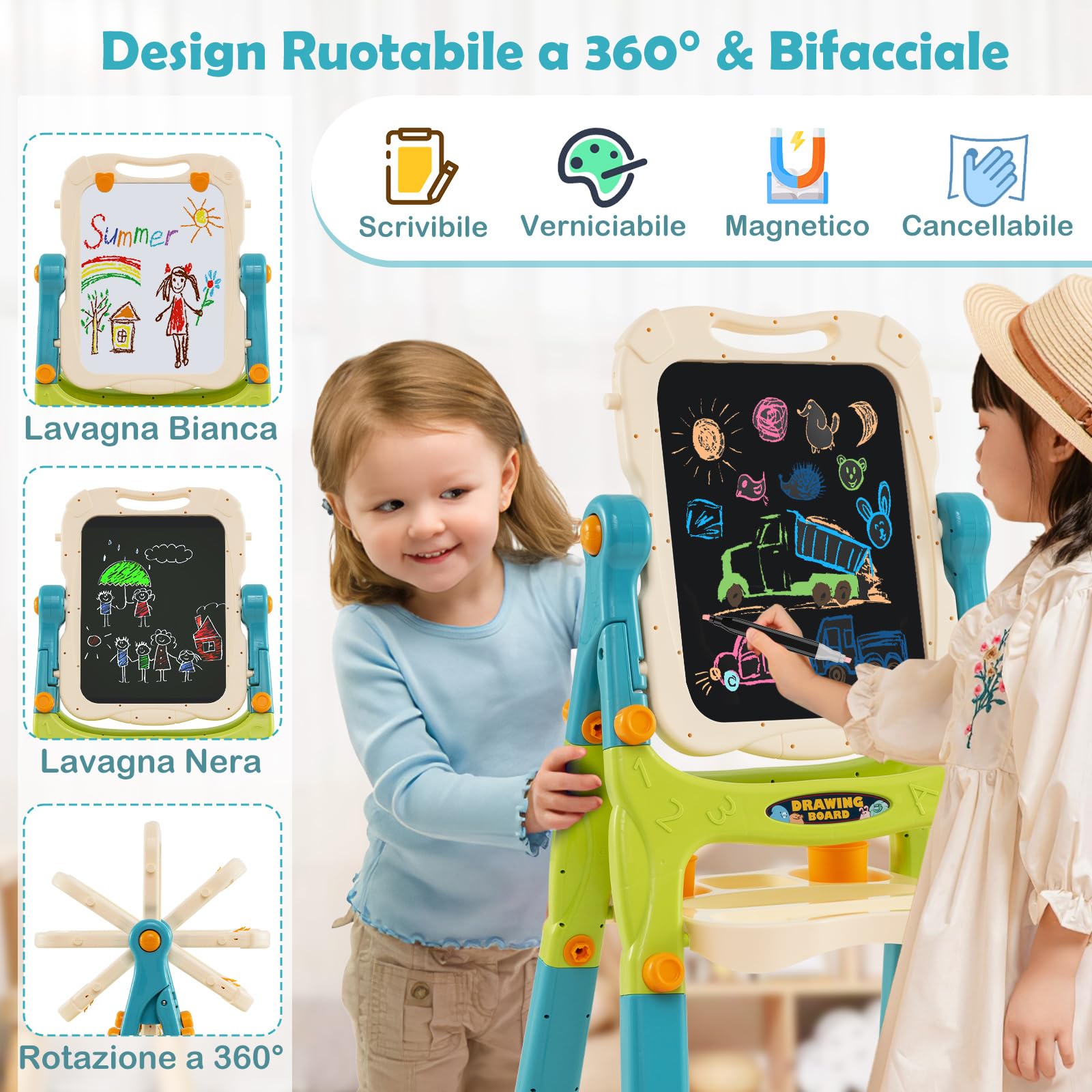 COSTWAY Cavalletto per Bambini, Lavagna Magnetica a Doppia Faccia Regolabile in Altezza, Tavolo da Disegno Staccabile con Manico Portatile e 2 Tazze, per Bambini 3 Anni + (Verde+Blu)