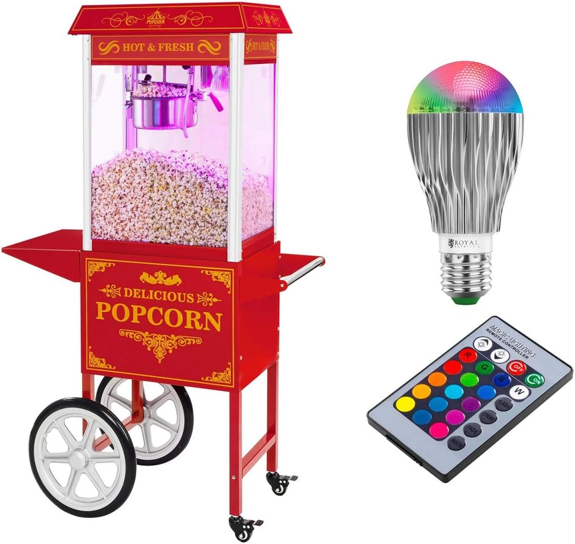 Royal Catering Popcorn Machine Retro Popcorn Maker with Cart LED Lights Red RCPW-16.3 Popcorn Machine LED Set (230 V, 1600 W, Stainless Steel, Tempered Glass, 220-270°C)