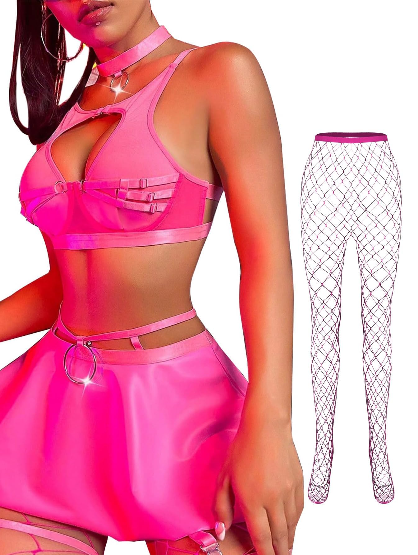 Lilosy Sexy Stocking Chocker Strappy Underwire O Ring Push Up Garter Belt Women Skirt 5 Piece: Small Hot Pink