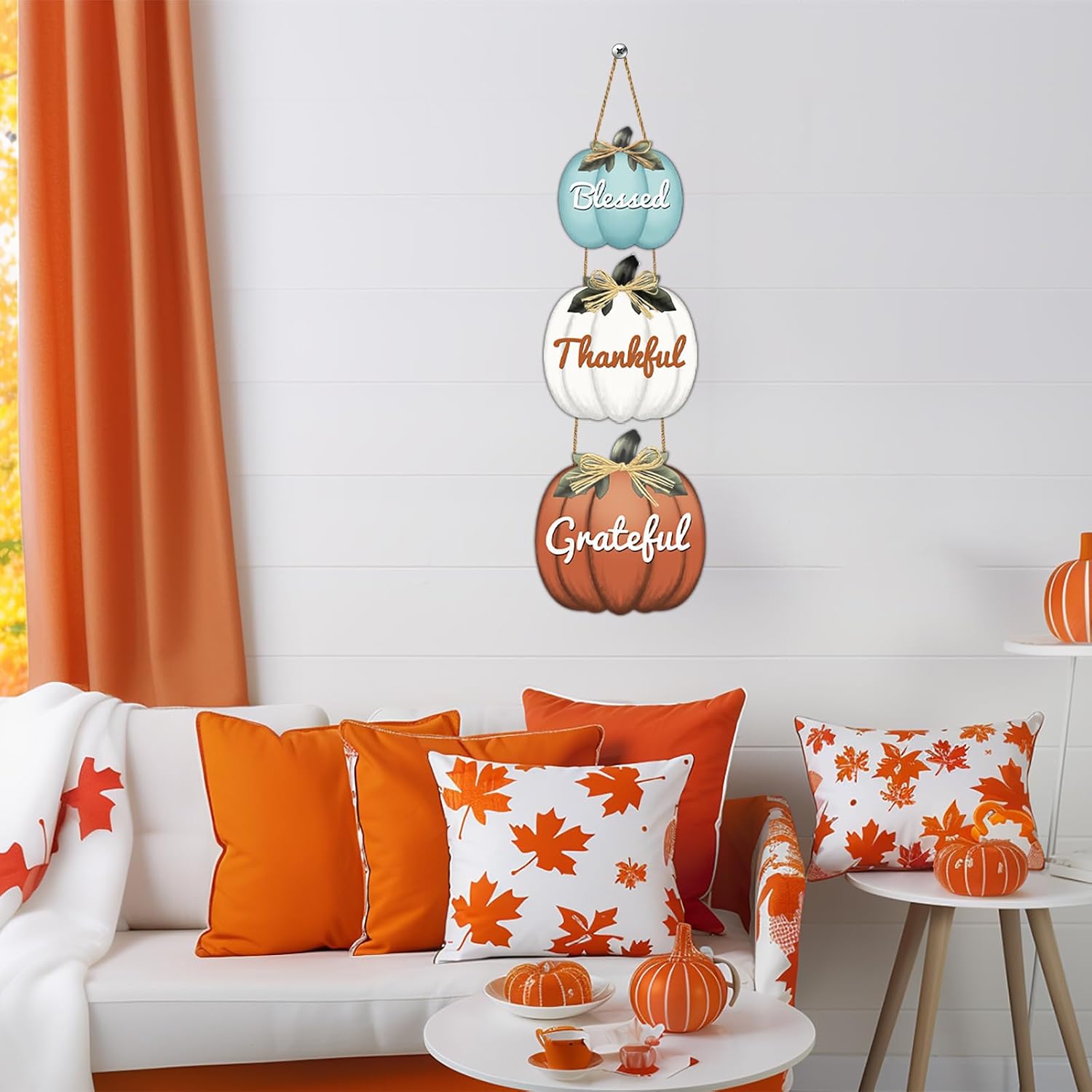 Fall Door Decor Pumpkin Wall Decor with Raffia Bow Thanksgiving Wreath Blessed Grateful Thankful Sign Wooden Front Door Hanger for Harvest Thanksgiving Porch Indoor Outdoor Home Decorations