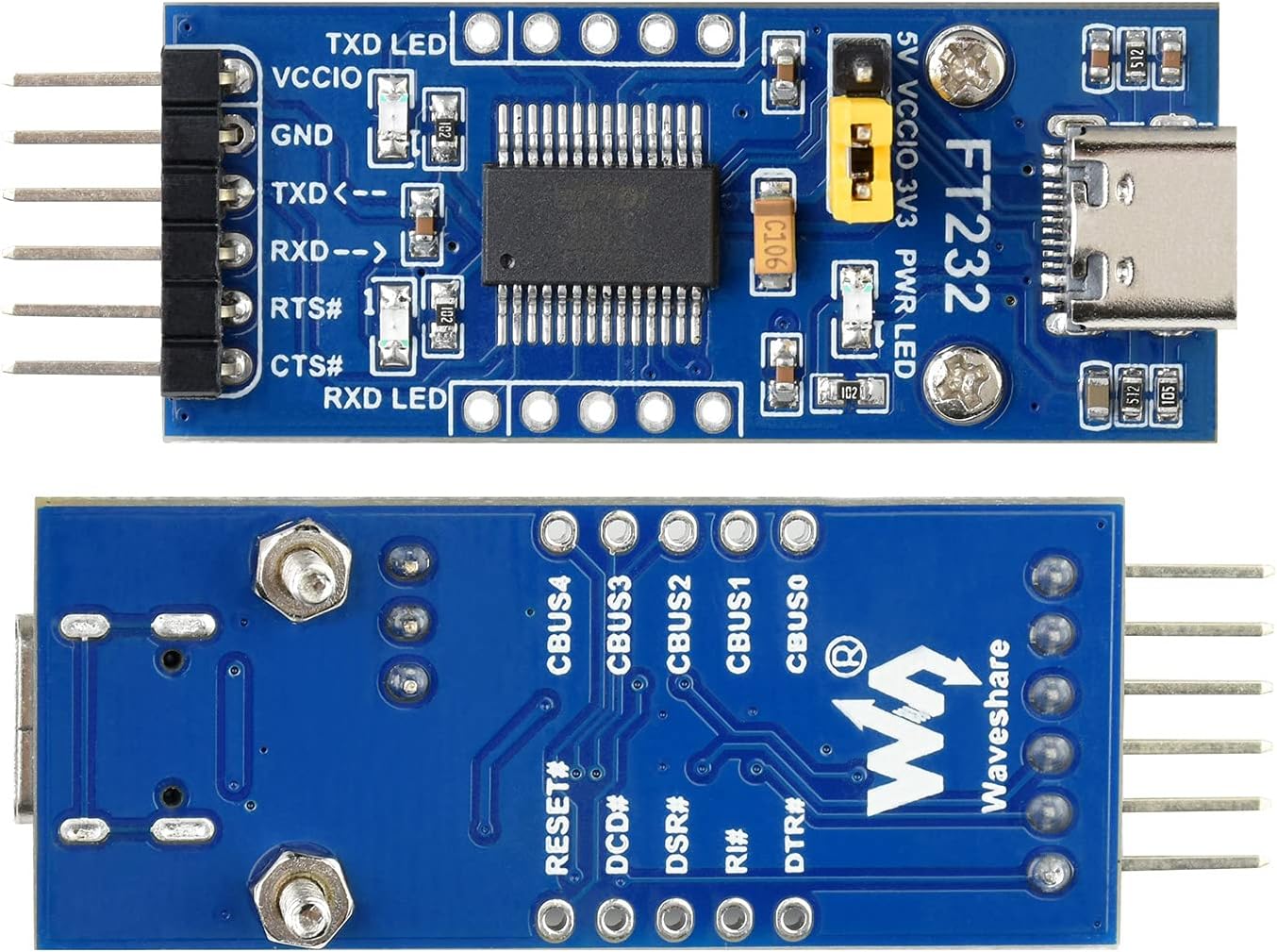 Oke ati isalẹ view of the FT232RL USB to TTL Adapter Board. The top view shows the FT232RL chip, USB-C port, and pin labels. The bottom view shows the Waveshare logo and additional pin labels.