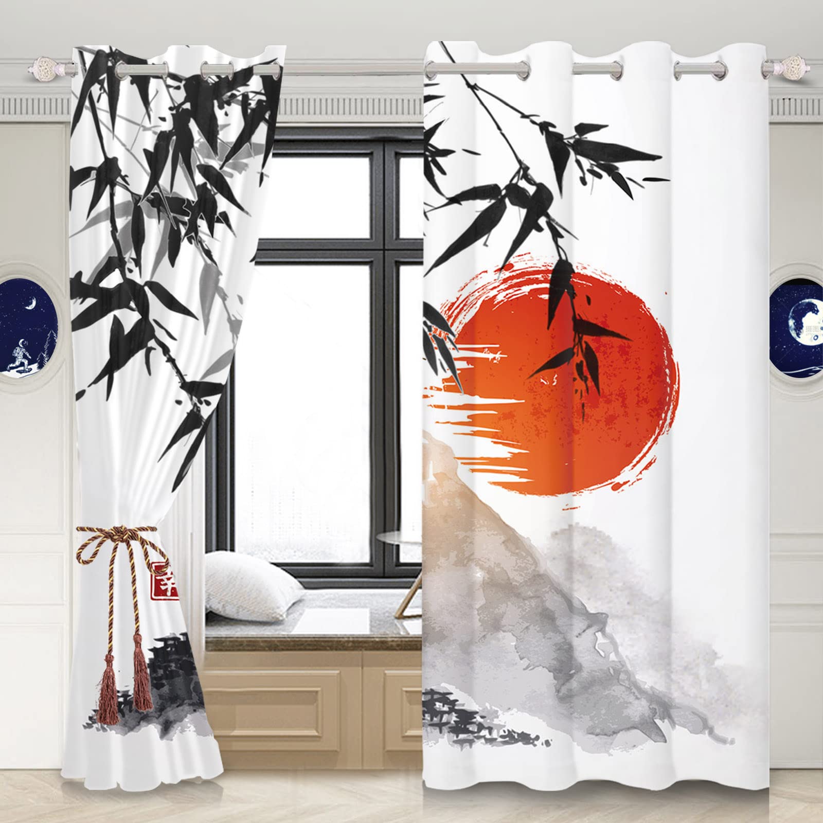 Cortinas japonesas con pintura de tinta, monte Fuji, sol rojo, atardecer, hojas de bambú, cortinas de ventana para dormitorio, sala de estar, estilo asiático japonés, cortinas de cocina, juegos