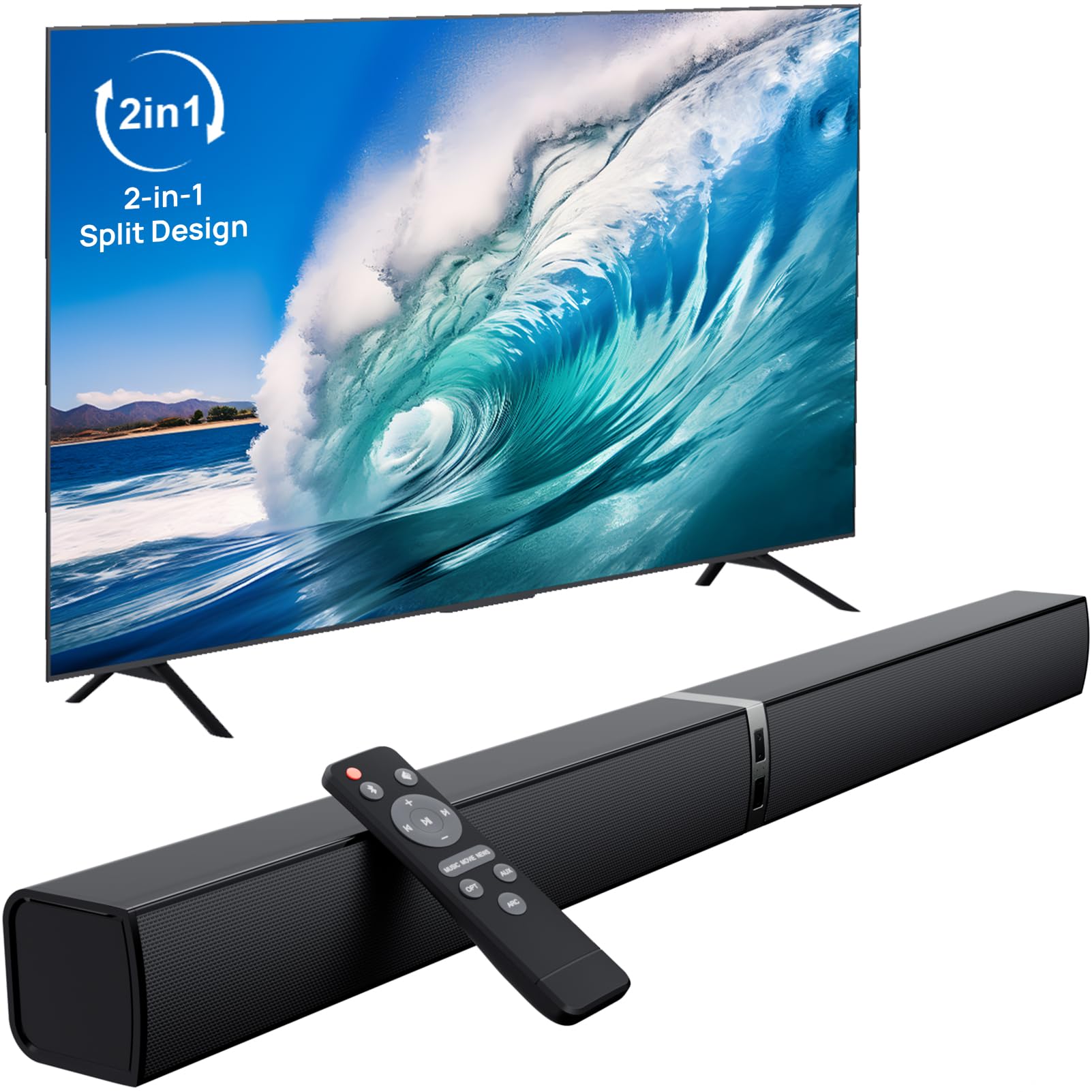 32 Zoll Teilbare 2-in-1-Soundbar für TV Geräte, 2.0 Kanal Soundbar, Lautsprecher Systeme mit 3 EQ-Modi und 3D-Surround-Sound, TV Lautsprecher Bluetooth 5.3, ARC/Optical/AUX