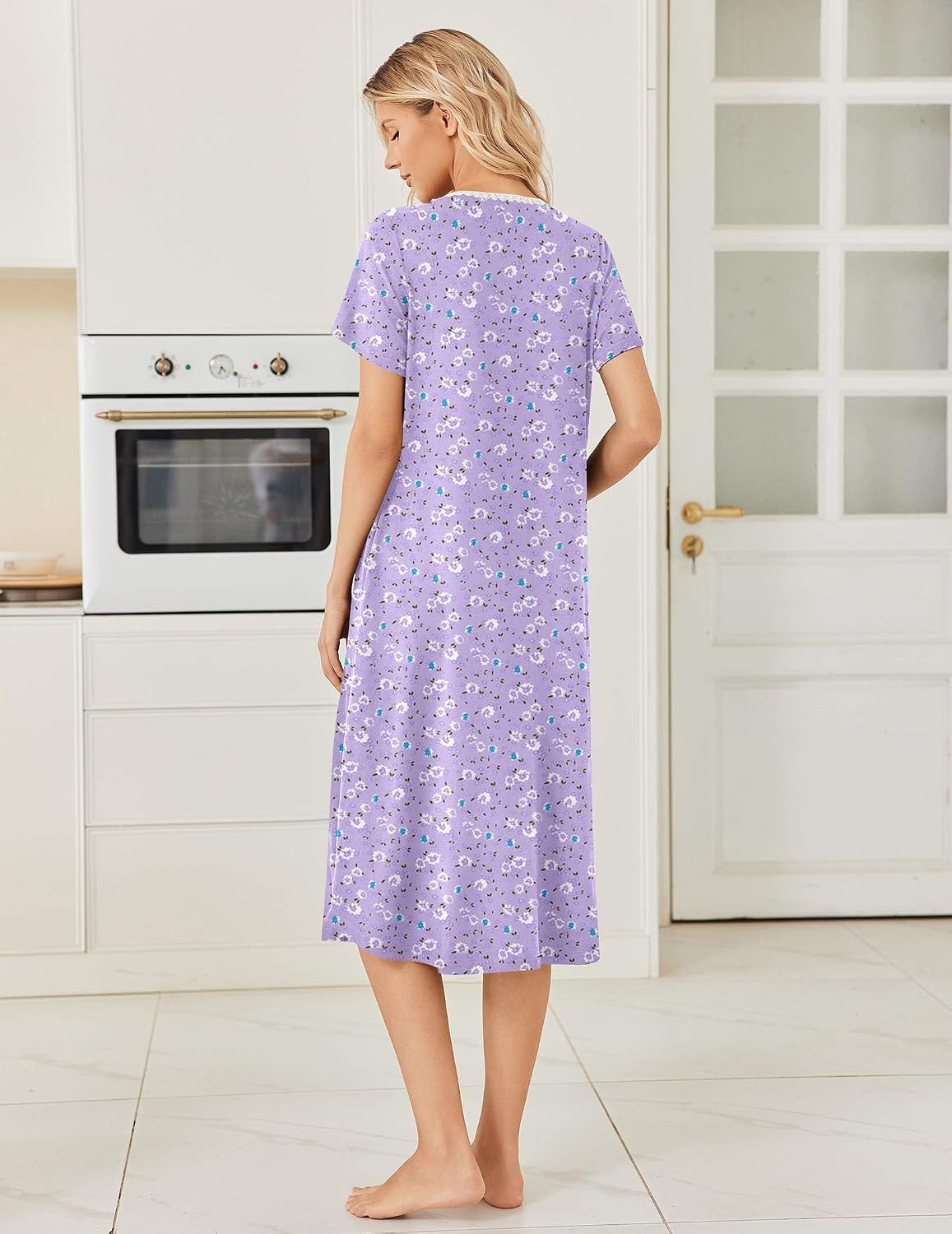 Ekouaer Women's Nightgown Long Sleep Dress Short Sleeve Henley Loungewear — view 5
