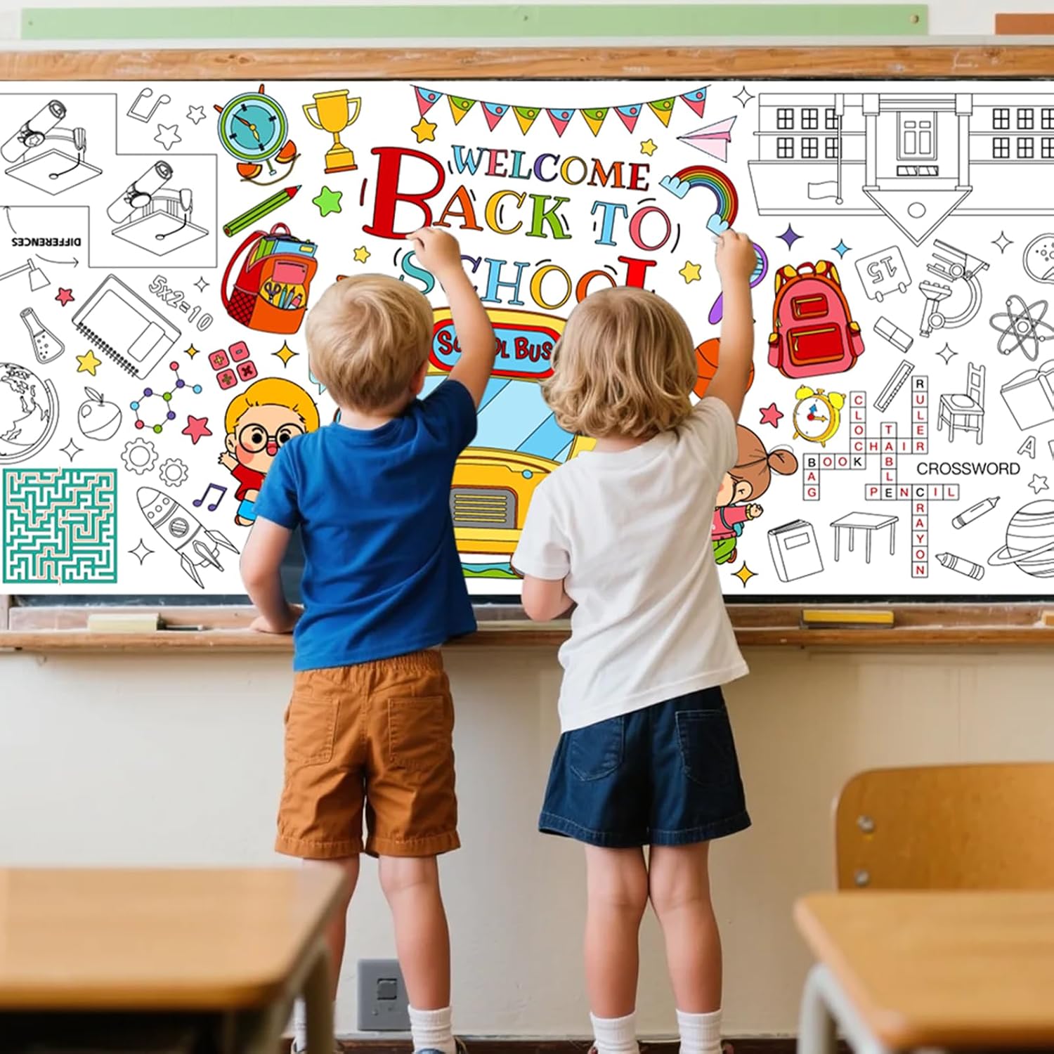 PHOGARY Back to School Giant Coloring Poster for Classroom, Paper Pages Sheets Drawing Wall Art Decoration Large Coloring Table cloth for Kids First Day of School Party Craft DIY Art Activity