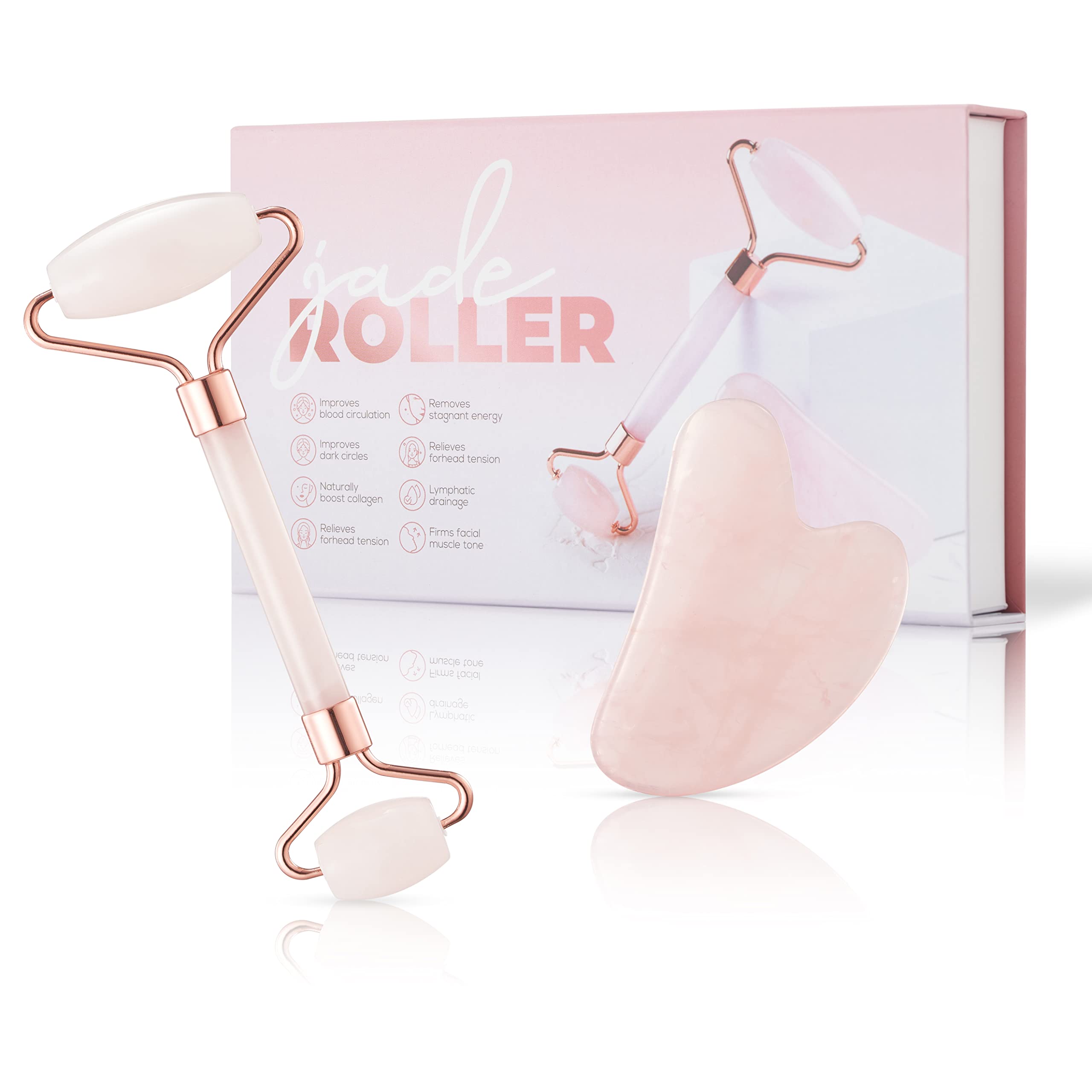 BRÜUN Jade Roller and Gua Sha Kit Genuine Rose Quartz for Face and Neck Massage - A Skin