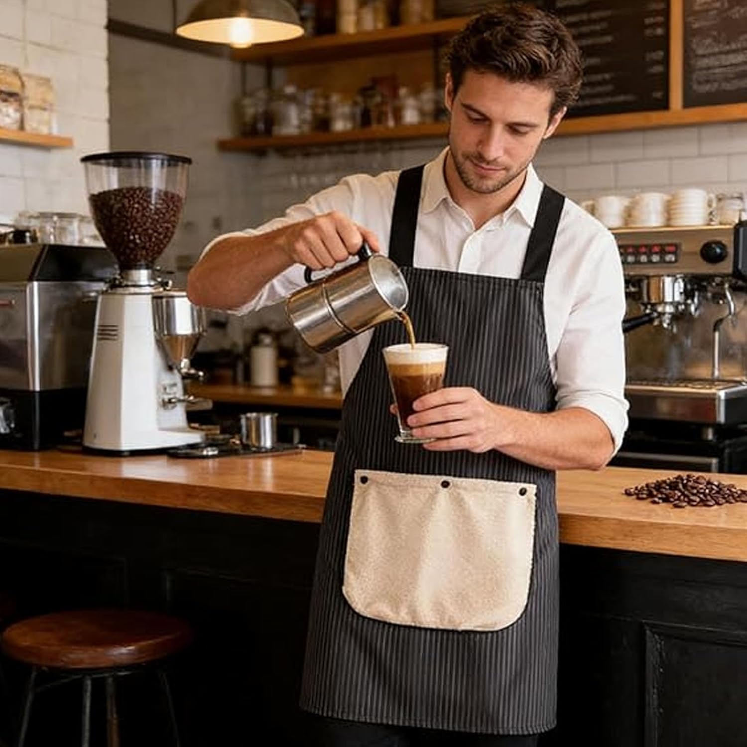 Pinstripe Cross-Back Kitchen Apron, Waterproof Chef Apron with Detachable Hand Towels, Lightweight, With Front Pocket - Image 5