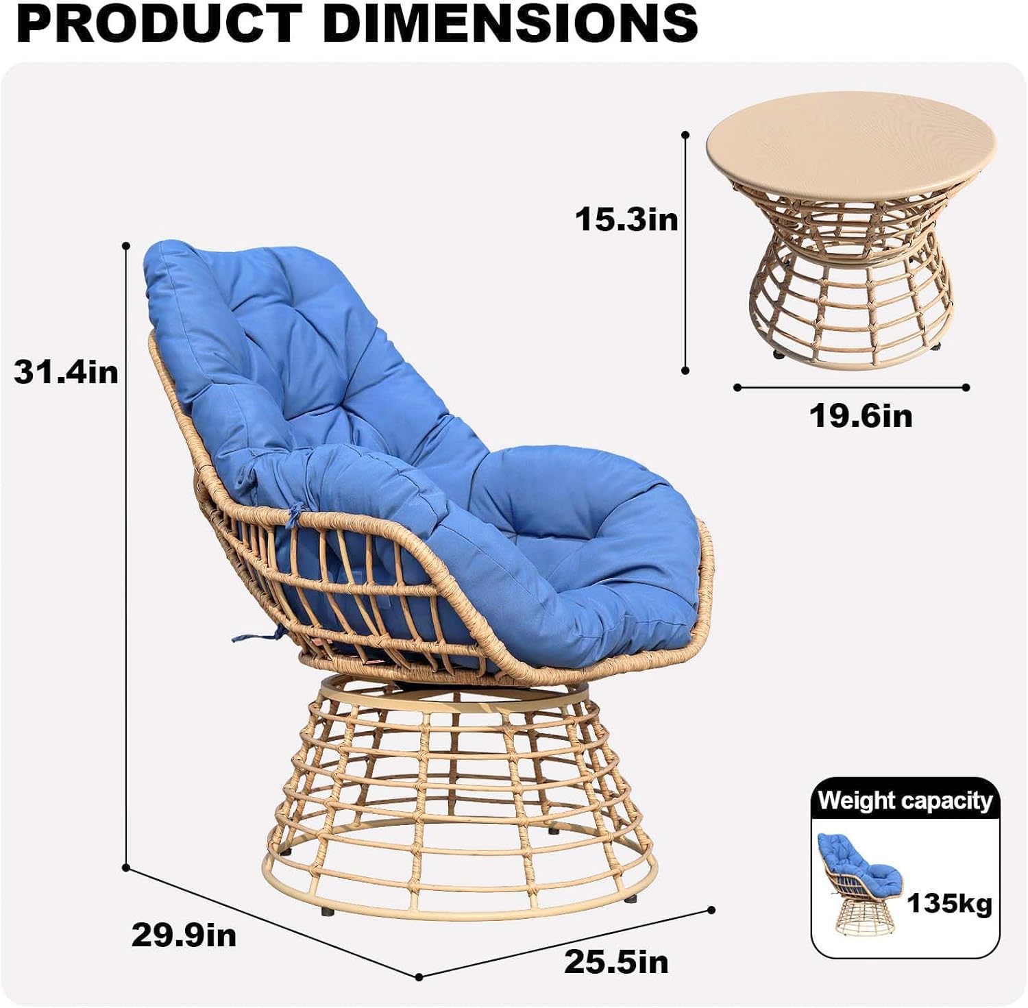 Swivel Chairs for Outside Patio Set of 3, 360 Degree Swivel Pe Wicker Luxury Lounger Chair with 20" Side Table, Soft Cushion and Durable Frame, for Apartment Balcony
