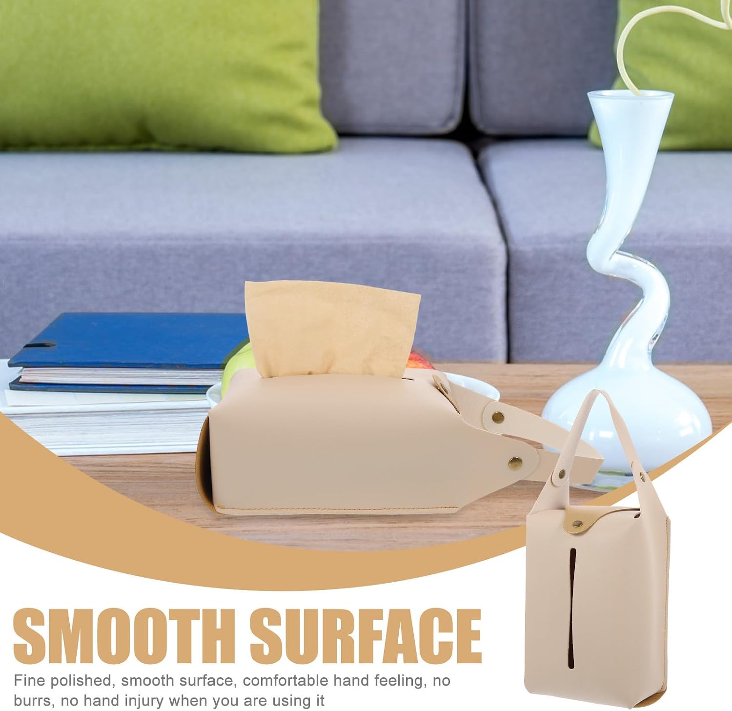 Leather Tissue Holder for Car and Desktop, Beige Napkin Box image 3