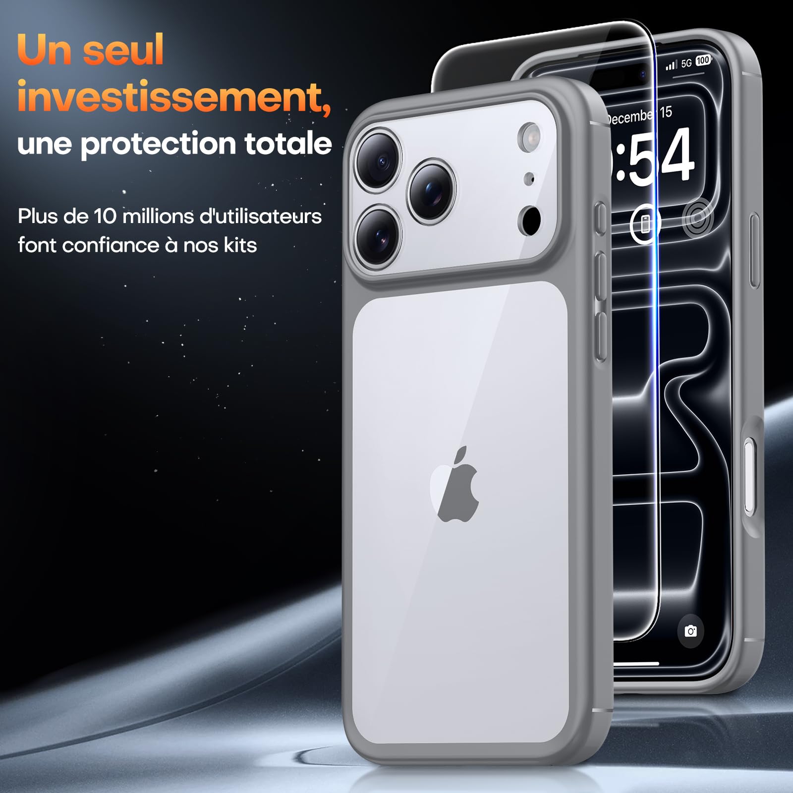 TAURI Coque pour iPhone 17 Pro Max avec Verre Trempé,Protection Totale de la Caméra, Protection Militaire, Coque Bumper Transparente Antichoc - Gris