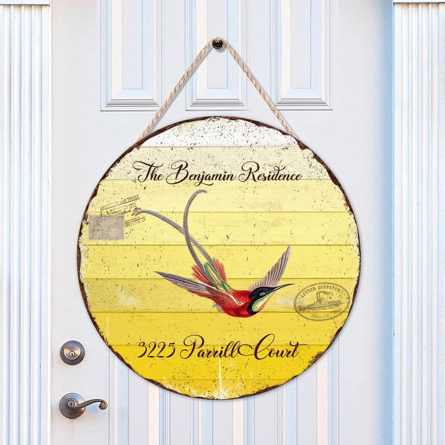 Custom Name Home Address Hummingbird Wood Door Sign, Custom Family Name Round Door Hanger Sign, 16" x16" Wall Hanging Sign Plaque, Decor for Outdoor Front Porch Farmhouse Housewarming Gifts