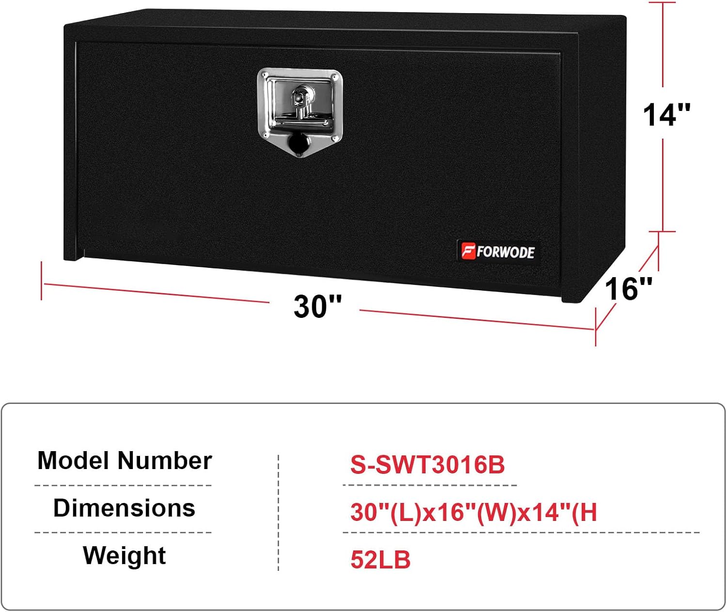 FORWODE 30 Inch Steel Underbody Truck Tool Box, 30"x16"x14" Heavy Duty Truck Tool Box with T-Handle Lock for Storage(Black)