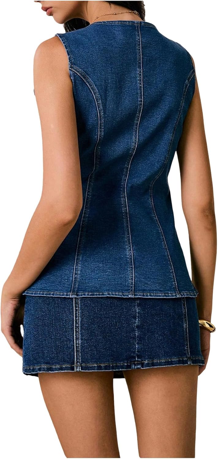 SweatyRocks Women's sleeveless jean jacket Button Down Crewneck Casual denim vest ladies tops - Image 5