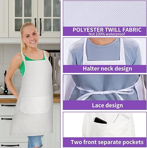 Miniatura 4 de Paquete de 12 delantales con peto, delantales unisex lisos, delantales blancos a granel con 2 bolsillos para adultos, cocina y pintura, lavable a