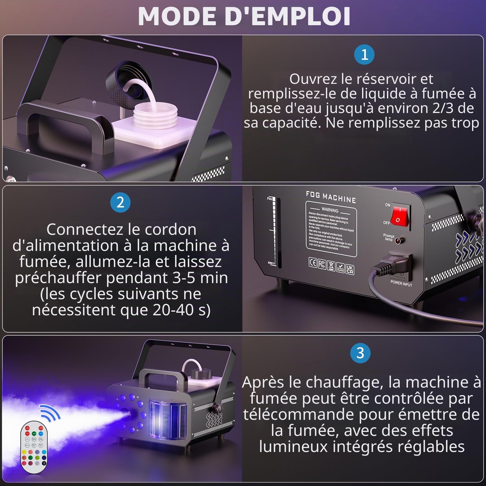 Machine à fumée, 1200 W 3000 CFM Machines à CO2 avec 9 LED RGB Derby et télécommande 14 couleurs statiques Machines à effets pour Halloween Disco DJ Stage Party Wedding (1 pièce)