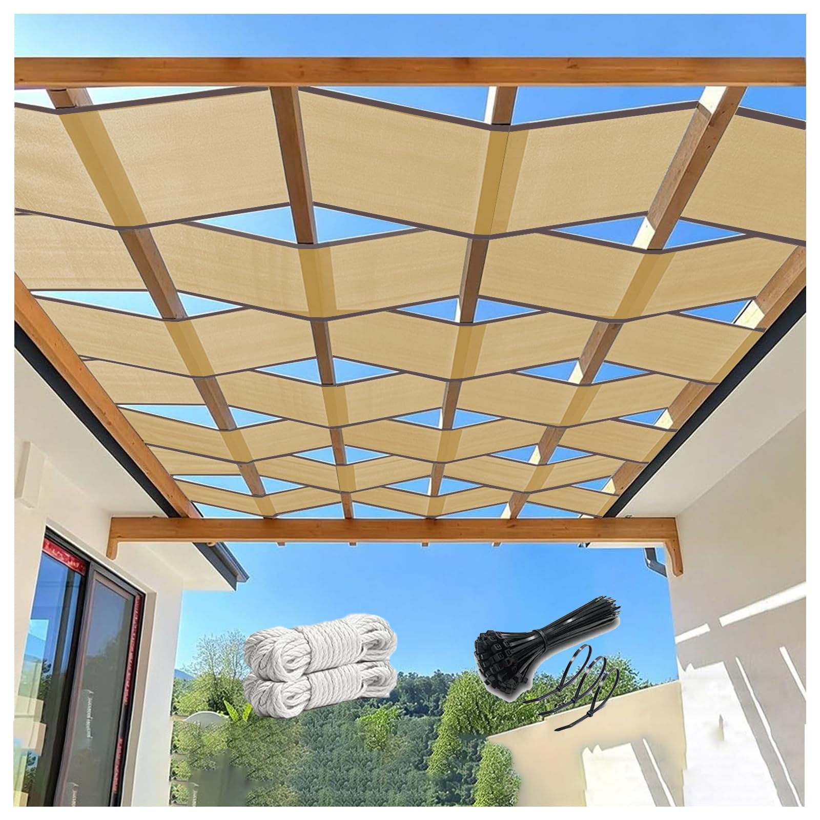 Toldo vela de ondas para terraza y pérgolas decorativas amarillas en patio exterior