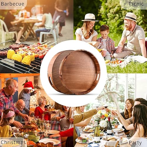 Miniatura 7 de Bandeja redonda de madera con asas, bandejas de madera de gran diámetro de 20 pulgadas para otomana, bandeja circular de madera de acacia rústica