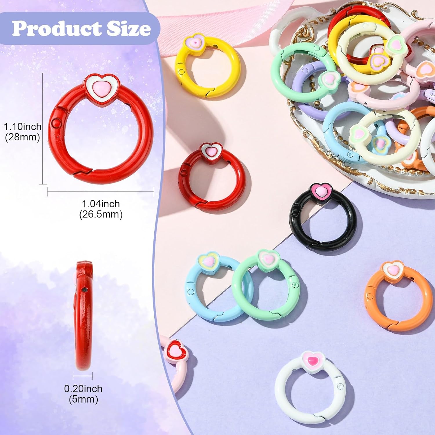 Stiesy 24 Pcs 12 Colors Spring O Ring Clip Baking Paint Alloy Inner 18mm Round Spring Ring Clasp with Heart Enamel DIY Accessories Round Ends Clasps for Keychains Bag Purse Handbag - Image 2