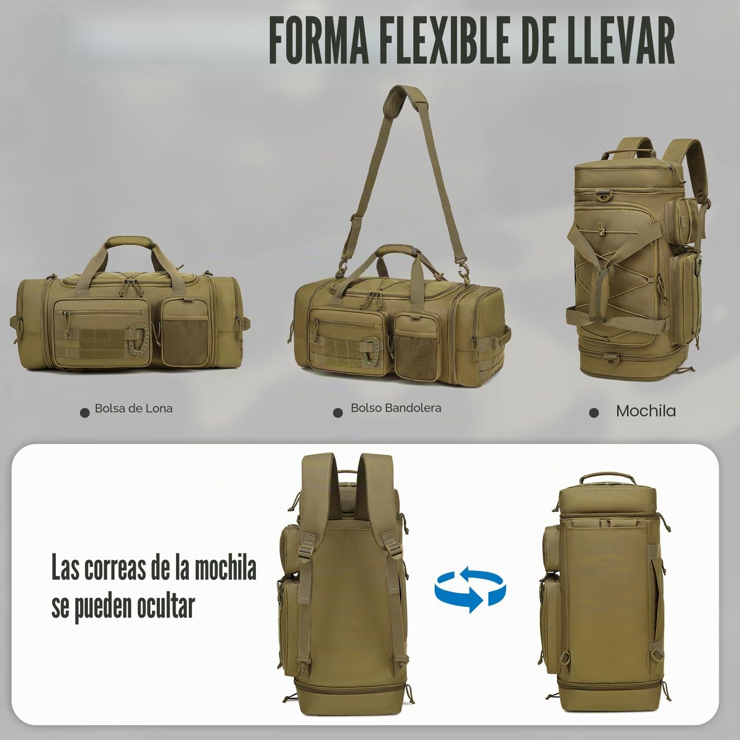 Bolsa Deporte Hombre 40-45 litros Ampliable 3 en 1 Mochila Gimnasio Táctica Militar Bolsa de Viaje con Compartimento para Zapatos para Camping, Fitness, Entrenamiento - Gym Bag Marrón