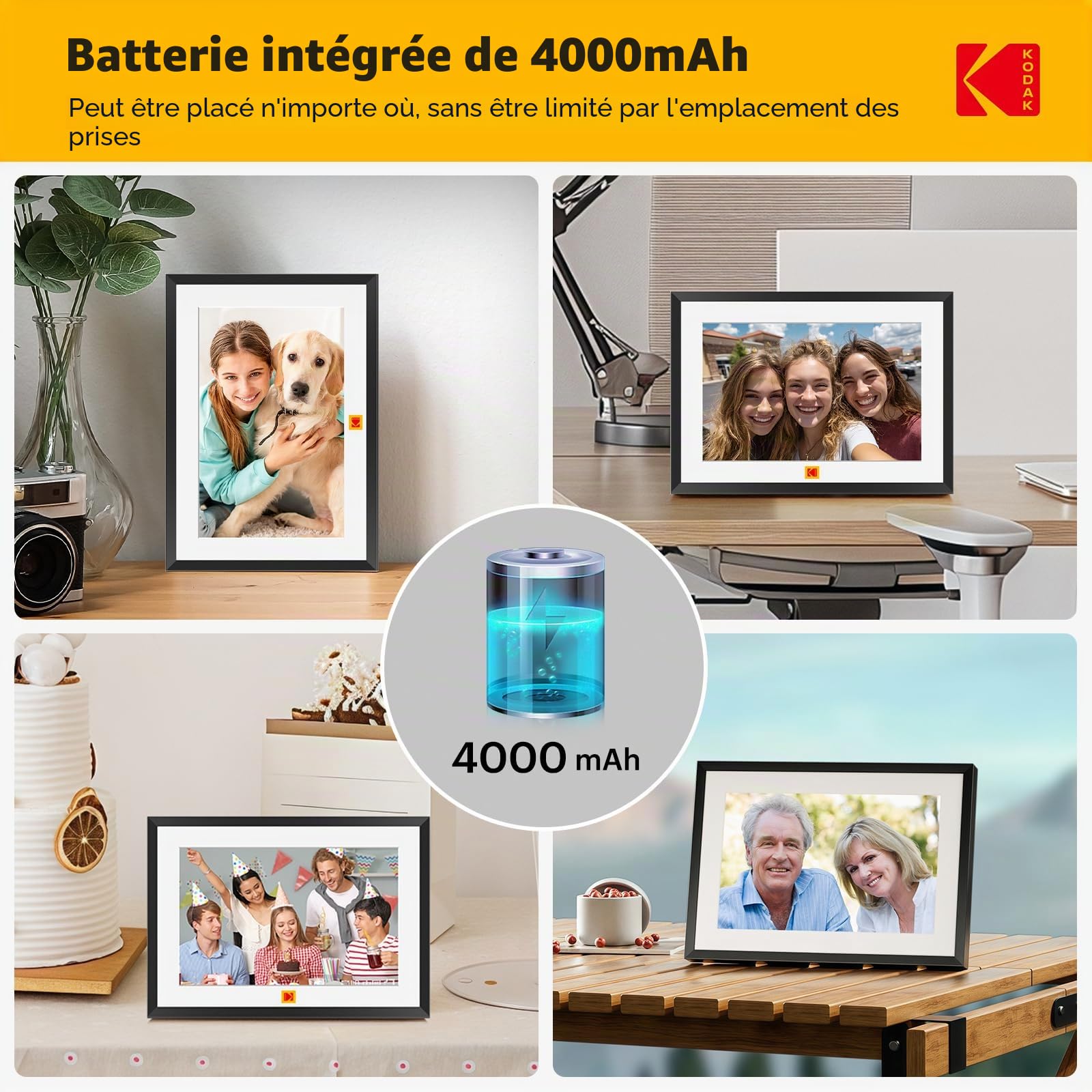 Kodak Cadre Photo Numérique vec Batterie, Cadre Photo Numériqu WiFi 10,1 Pouces WiFi (32 Go), Écran Tactile IPS HD 1280x800 - Rotation Automatique, Cadre Photo Connecté pour Famille Noir