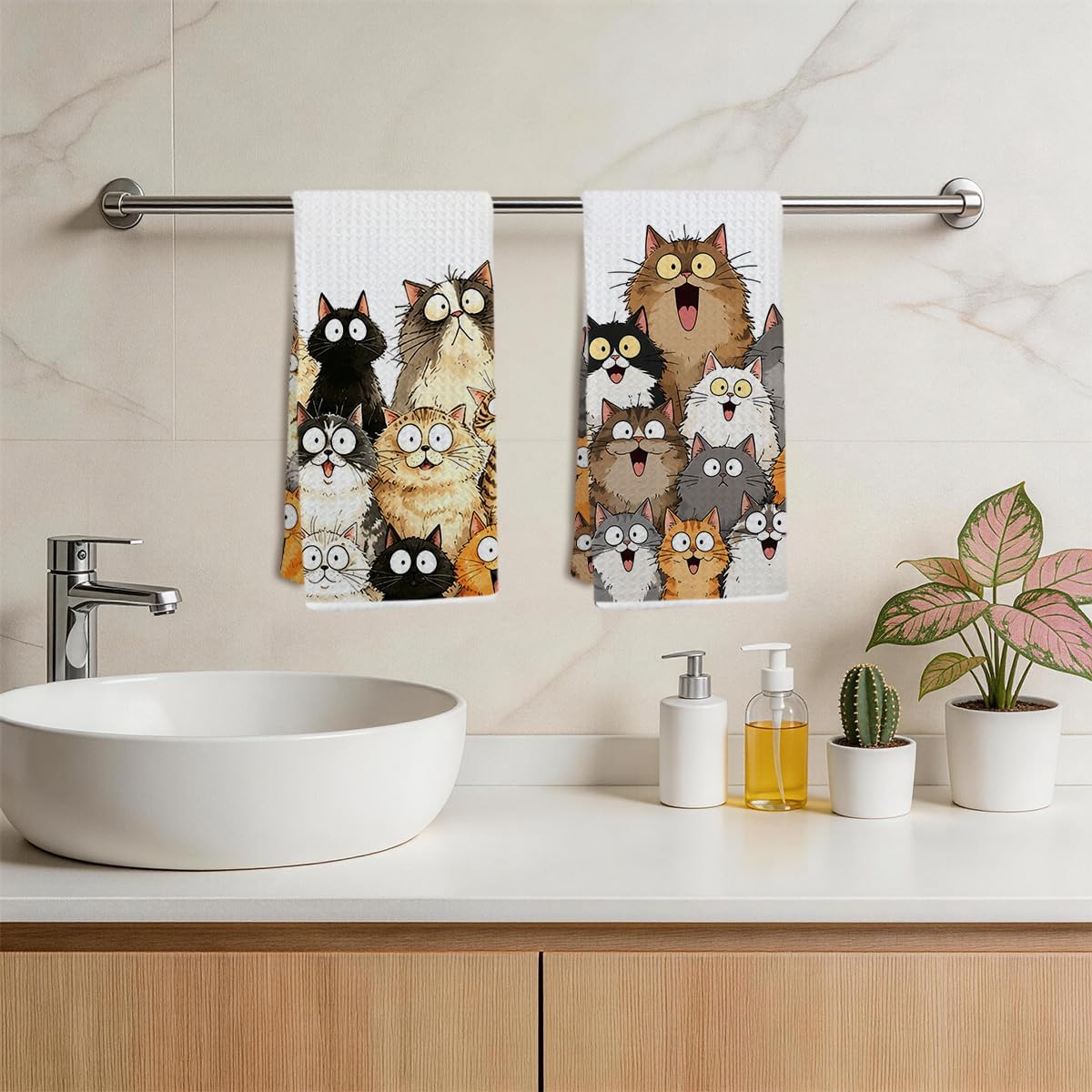 2 Pcs Cute Fat Cat Kitchen Towels, Cats Gifts Waffle Tea Dish Towel 24x14In image 4