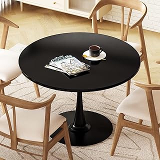 Round Dining Table,Round Dining Table with Faux Printed Marble Table Top, Mid-Century Modern Dining Room Table with Round Pedestal Base, Small Kitchen Tulip Table for 4-6 People ( Color : Black , Size
