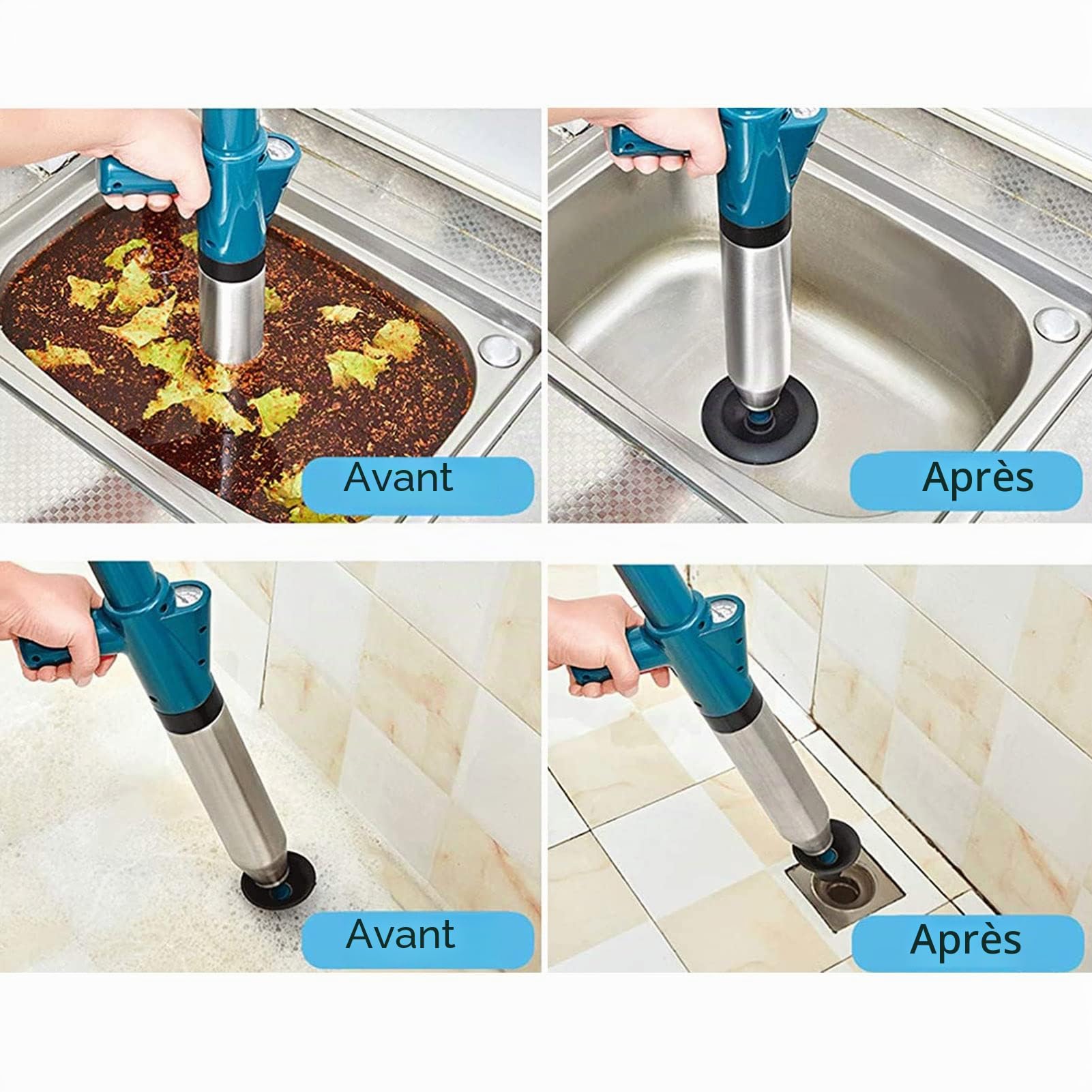 Déboucheur WC 5-en-1 à Air Comprimé | Ventouse Haute Pression pour Toilette/Lavabo/Baignoire | Anti-Bouchons Cheveux/Papier | Kit Pro avec Spirale (Bleu)
