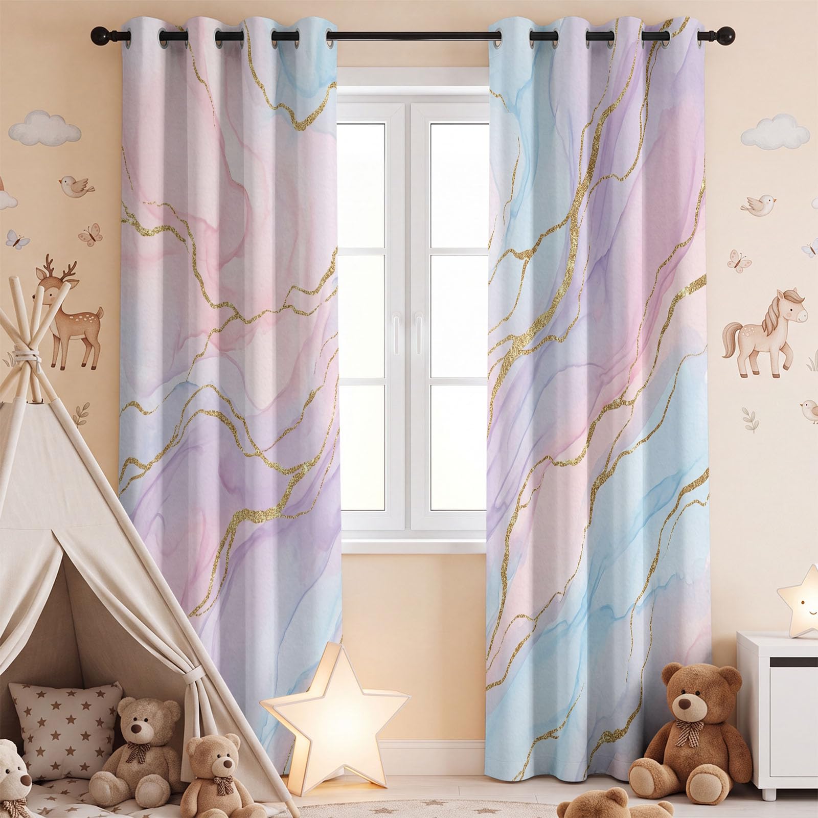 Générique Rideau Occultant Moderne Luxueux, 117L x 139H CM Motif Effet marbre, Rideaux Thermique, Oeillets, Opaque, Decoration Chambre, Salon, Draperies Fenetre
