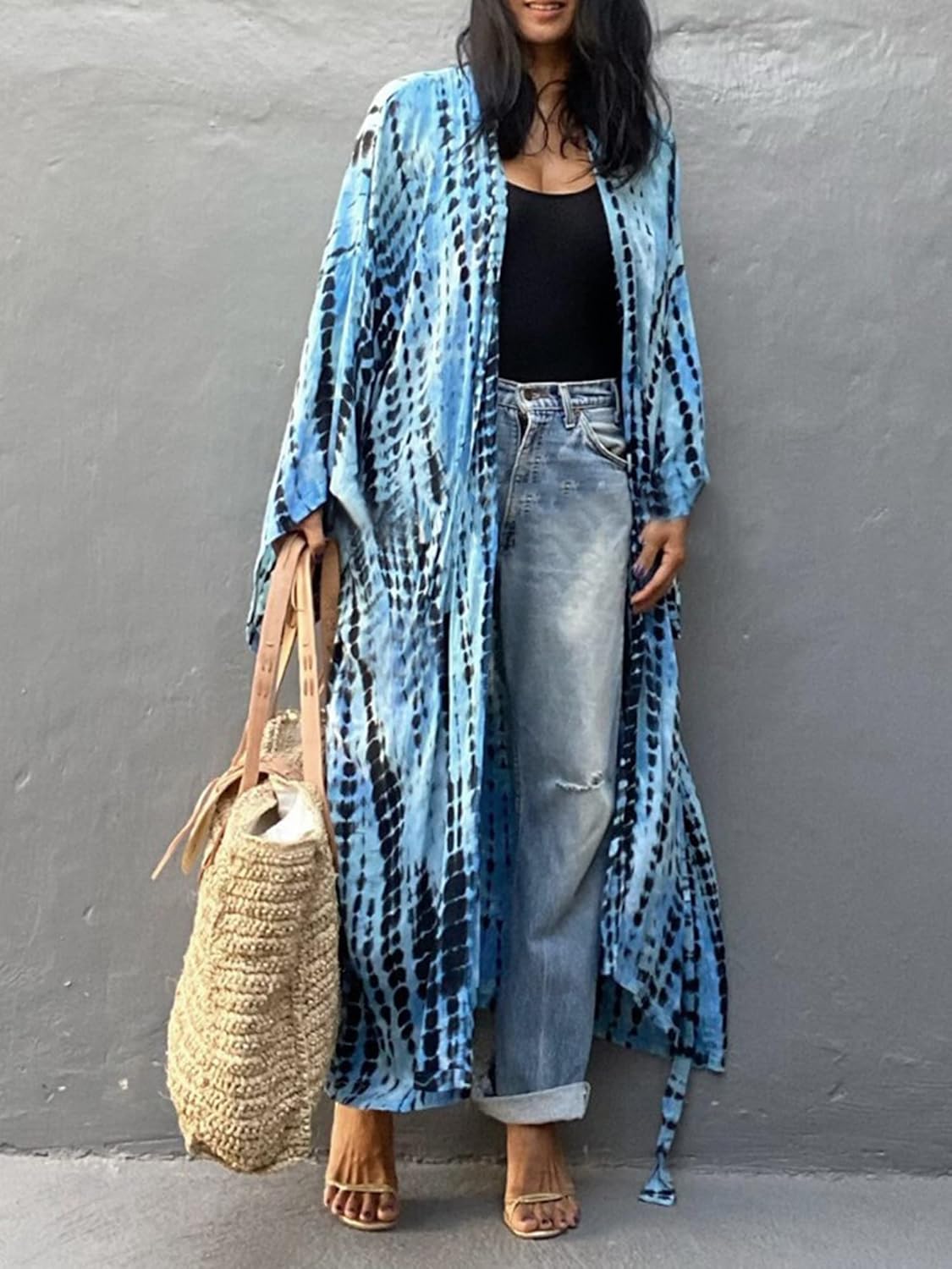 Chunoy Women Loose Long Flowy Open Front Kimono Cardigan Beach Wear Cover Up