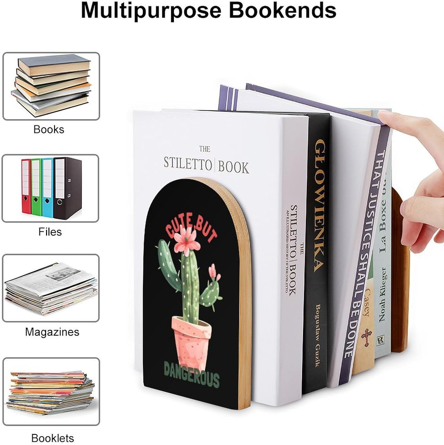 Cute But Dangerous Plants Cactus Cute Wood Book Ends Decorative Bookends 1 Pair Non-Skid for Shelves Home Office 7 X 5 Inch