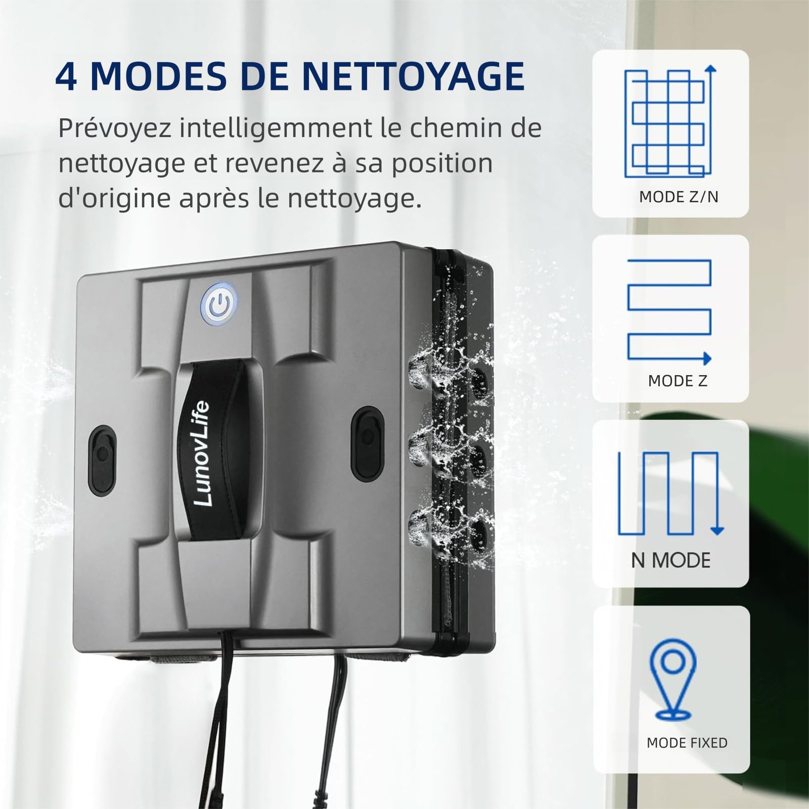 Robot Laveur de Vitre 5600Pa, Nettoyeur Vitre Automatique 6 Buses Pulvérisation, Aspirateur à Vitre Intelligent avec Télécommande & Corde de Sécurité, pour Fenêtres Intérieures et Extérieures