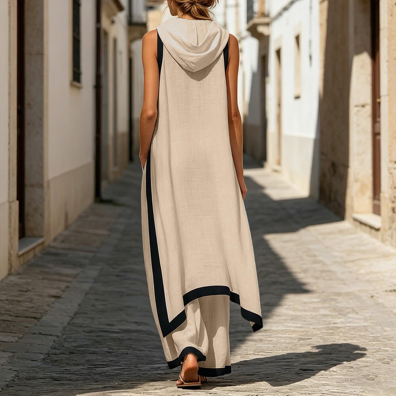 Zweiteiler Damen Elegant Hochzeit Anzug Ärmelloses Tunika mit asymmetrischem Saum und Kontrastfarbenen weite Hose Freizeitanzug Casual Outfit Loungewear