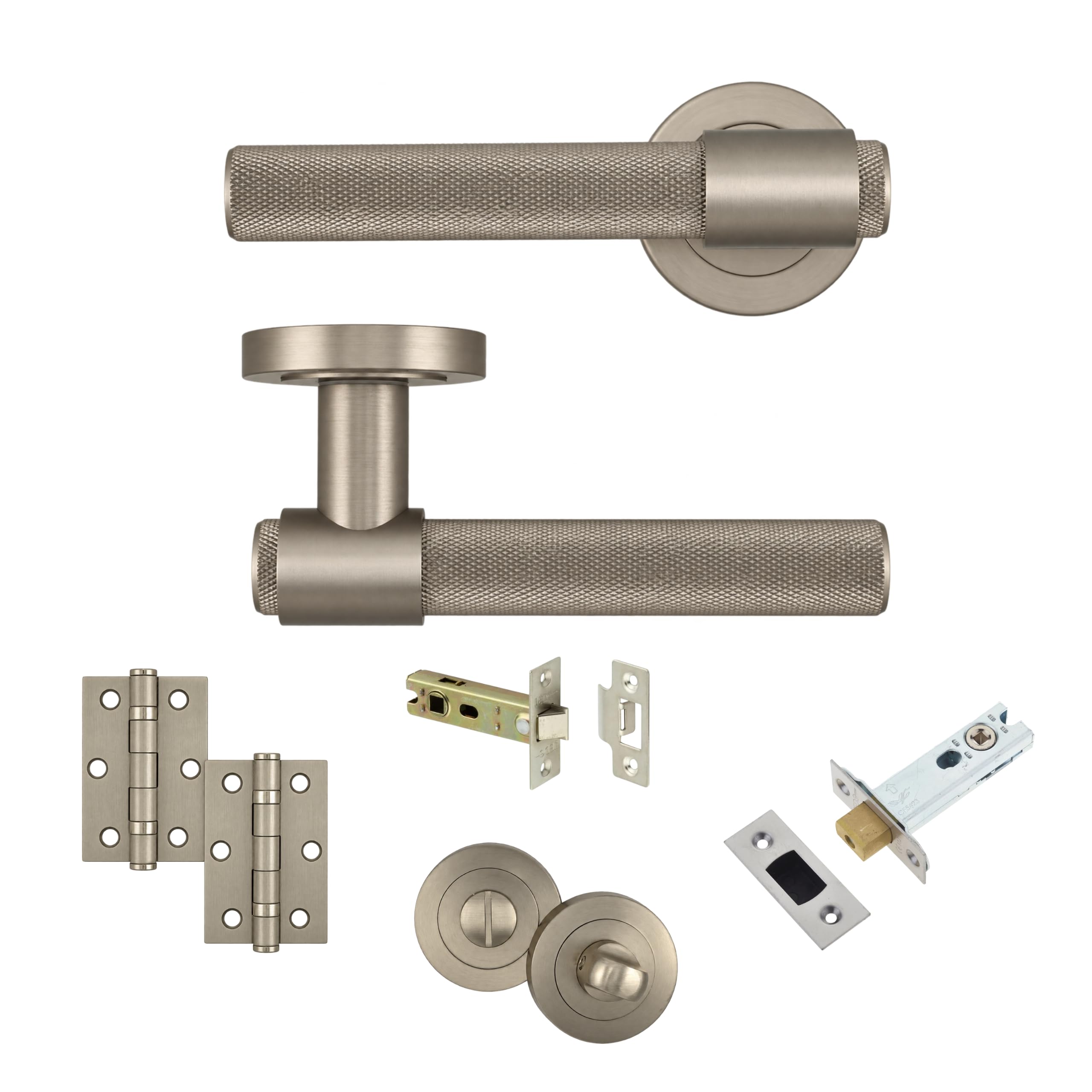 AXS Dakota Internal Door Handles on Rose – Lever Handle Pair for Wooden Doors – Modern Concealed Fix – Fits Standard UK Tubular Latch (Satin Nickel, Bathroom Door Pack - 57mm Backset)
